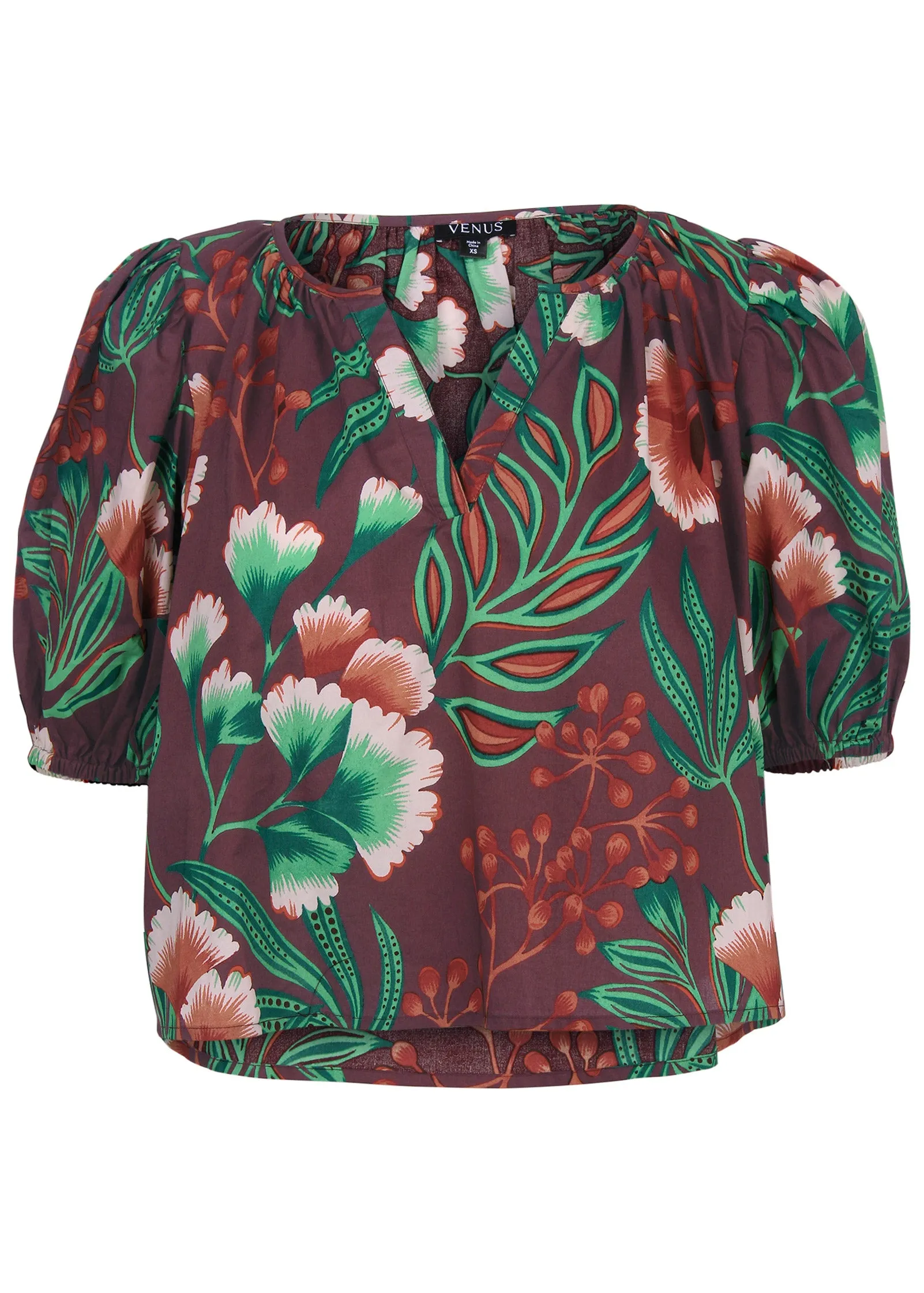 Balloon Sleeve V-Neck Top - Lake Botanical