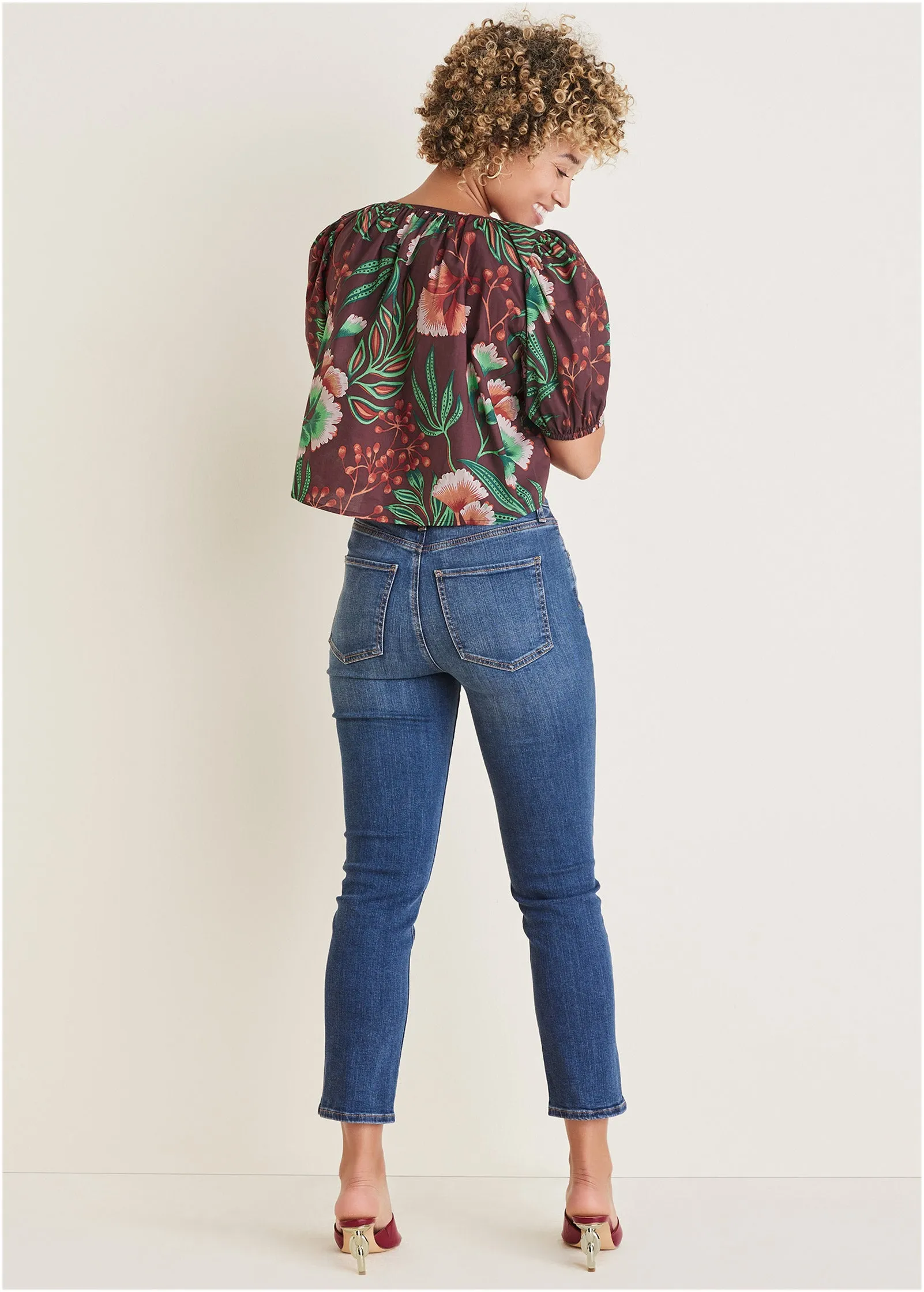 Balloon Sleeve V-Neck Top - Lake Botanical