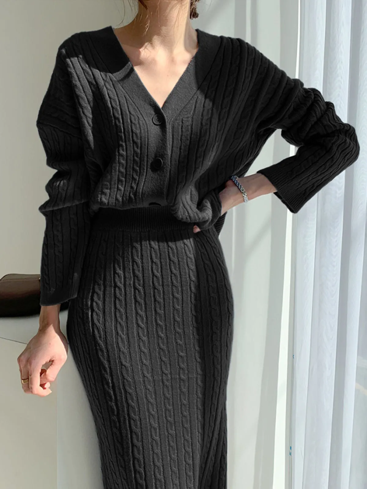 Cable Knit Two Trendy Piece Sweater Skirt Set