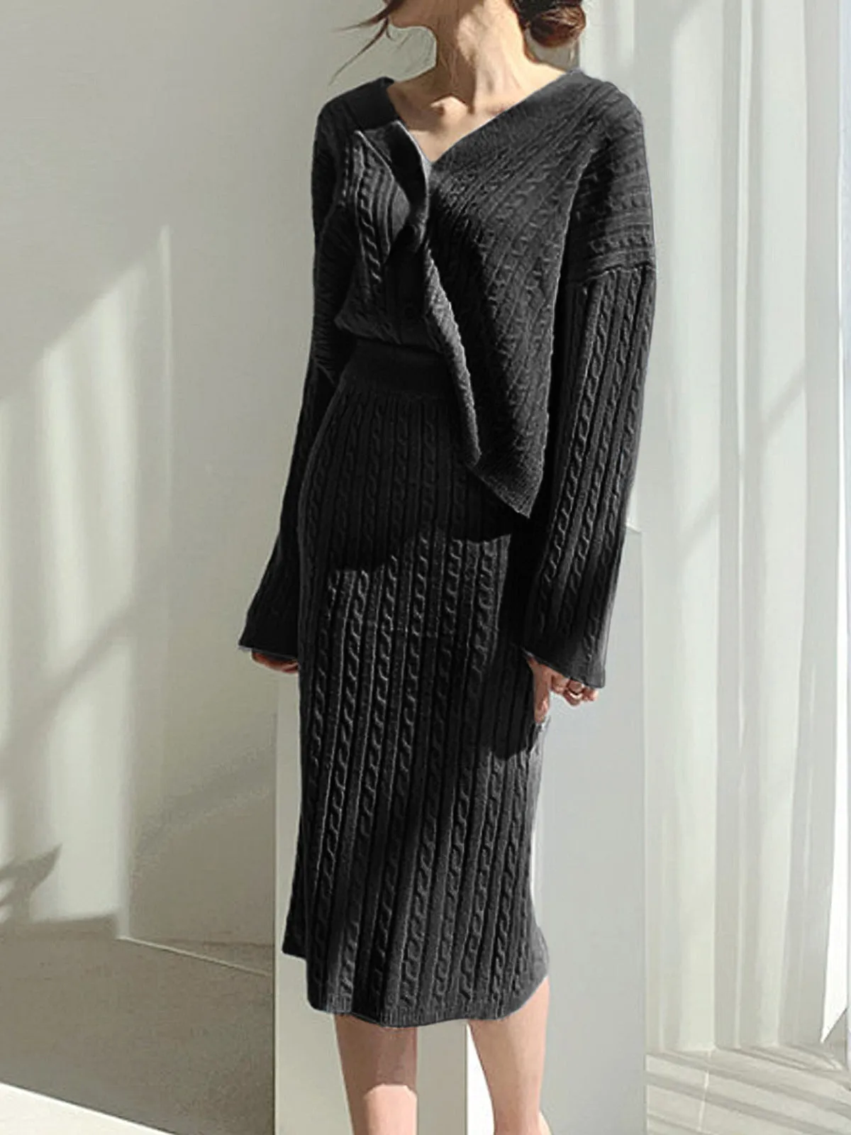 Cable Knit Two Trendy Piece Sweater Skirt Set