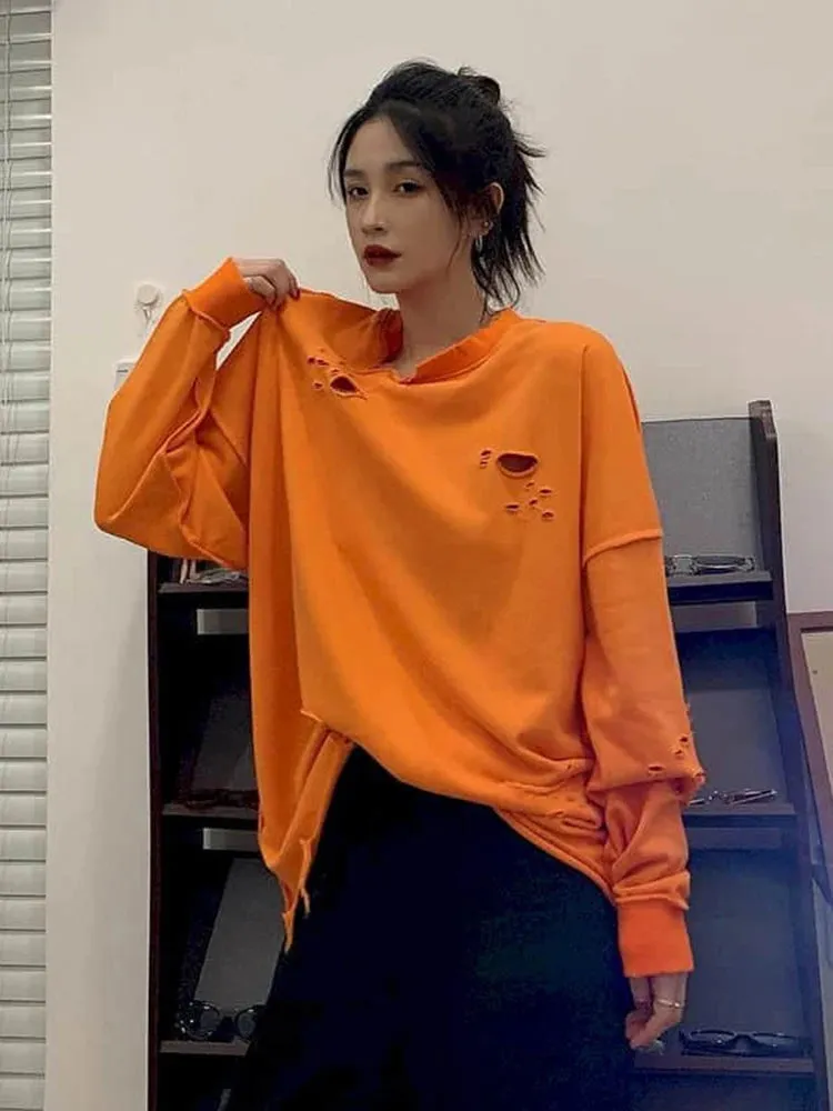 Casual Oversized Sweatshirt For Women Round Neck Long Sleeve Patchwork Hole Designer Pullovers Sweatshirts Female Style