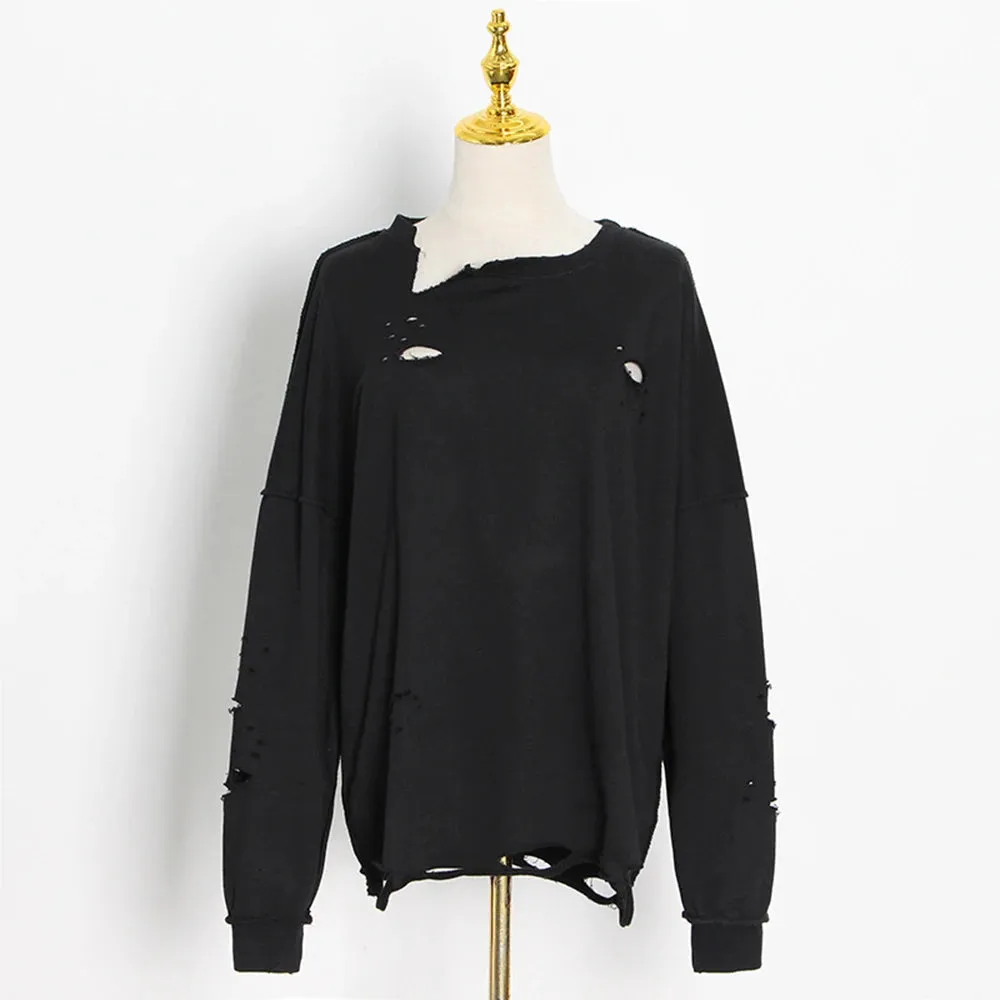Casual Oversized Sweatshirt For Women Round Neck Long Sleeve Patchwork Hole Designer Pullovers Sweatshirts Female Style