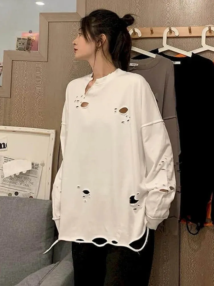 Casual Oversized Sweatshirt For Women Round Neck Long Sleeve Patchwork Hole Designer Pullovers Sweatshirts Female Style