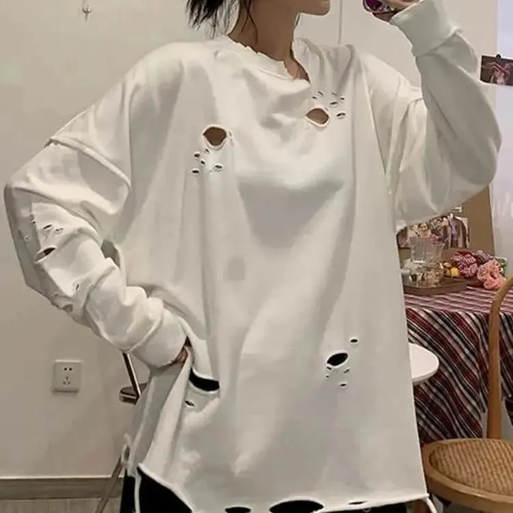 Casual Oversized Sweatshirt For Women Round Neck Long Sleeve Patchwork Hole Designer Pullovers Sweatshirts Female Style