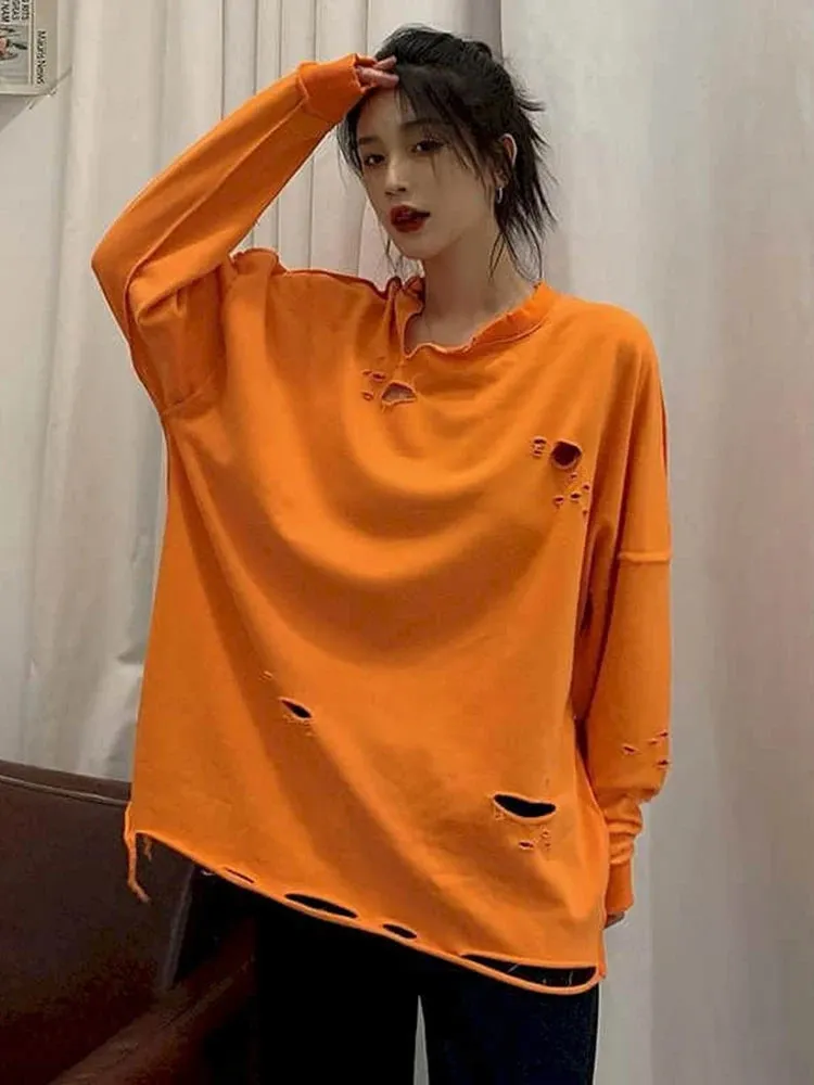Casual Oversized Sweatshirt For Women Round Neck Long Sleeve Patchwork Hole Designer Pullovers Sweatshirts Female Style