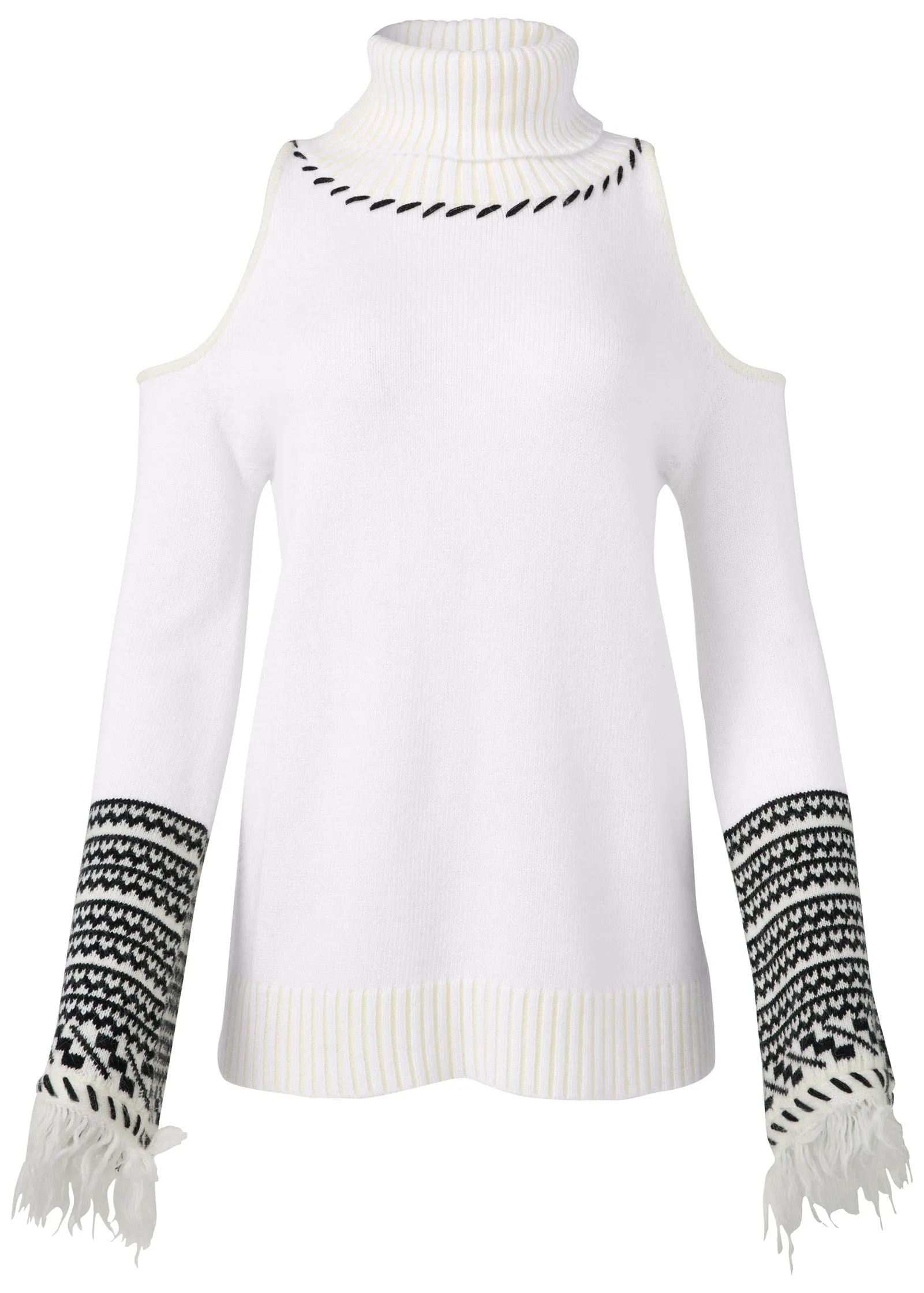 Cold-Shoulder Turtleneck Sweater - White & Black