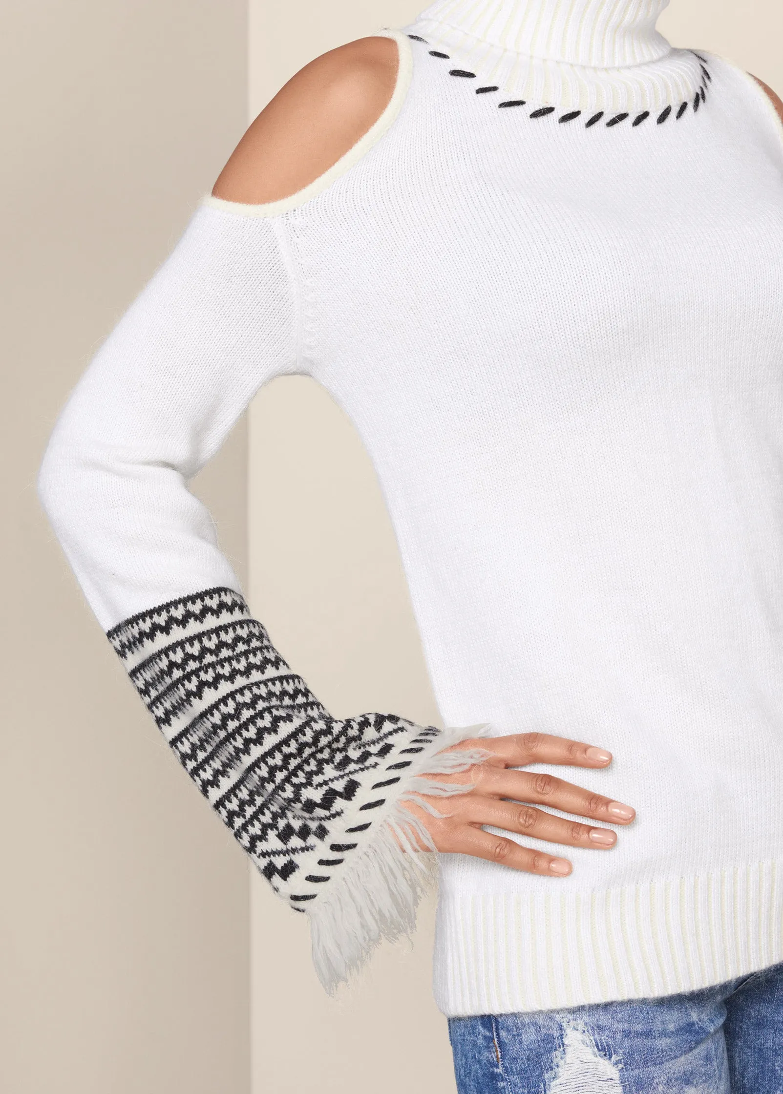Cold-Shoulder Turtleneck Sweater - White & Black