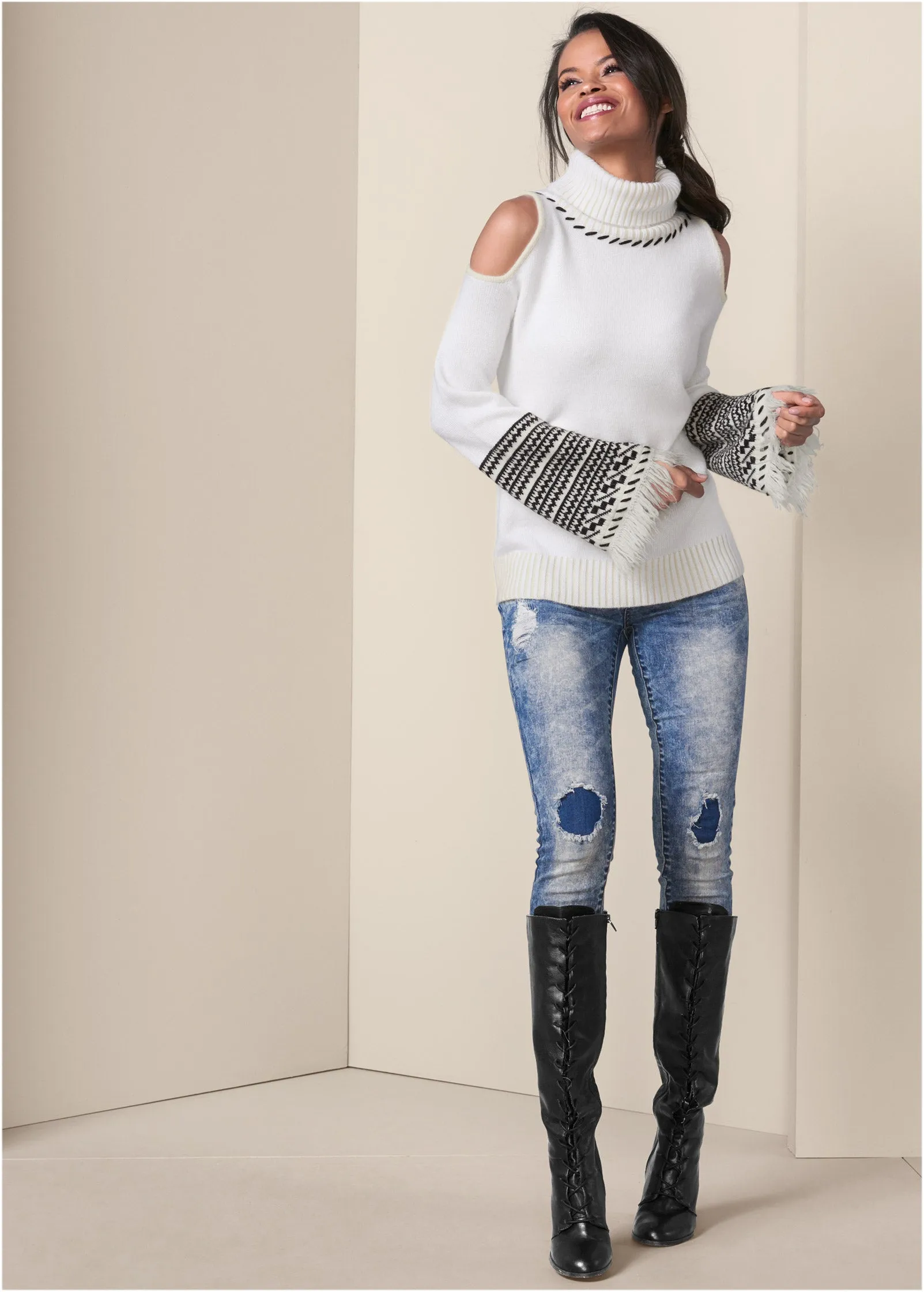 Cold-Shoulder Turtleneck Sweater - White & Black