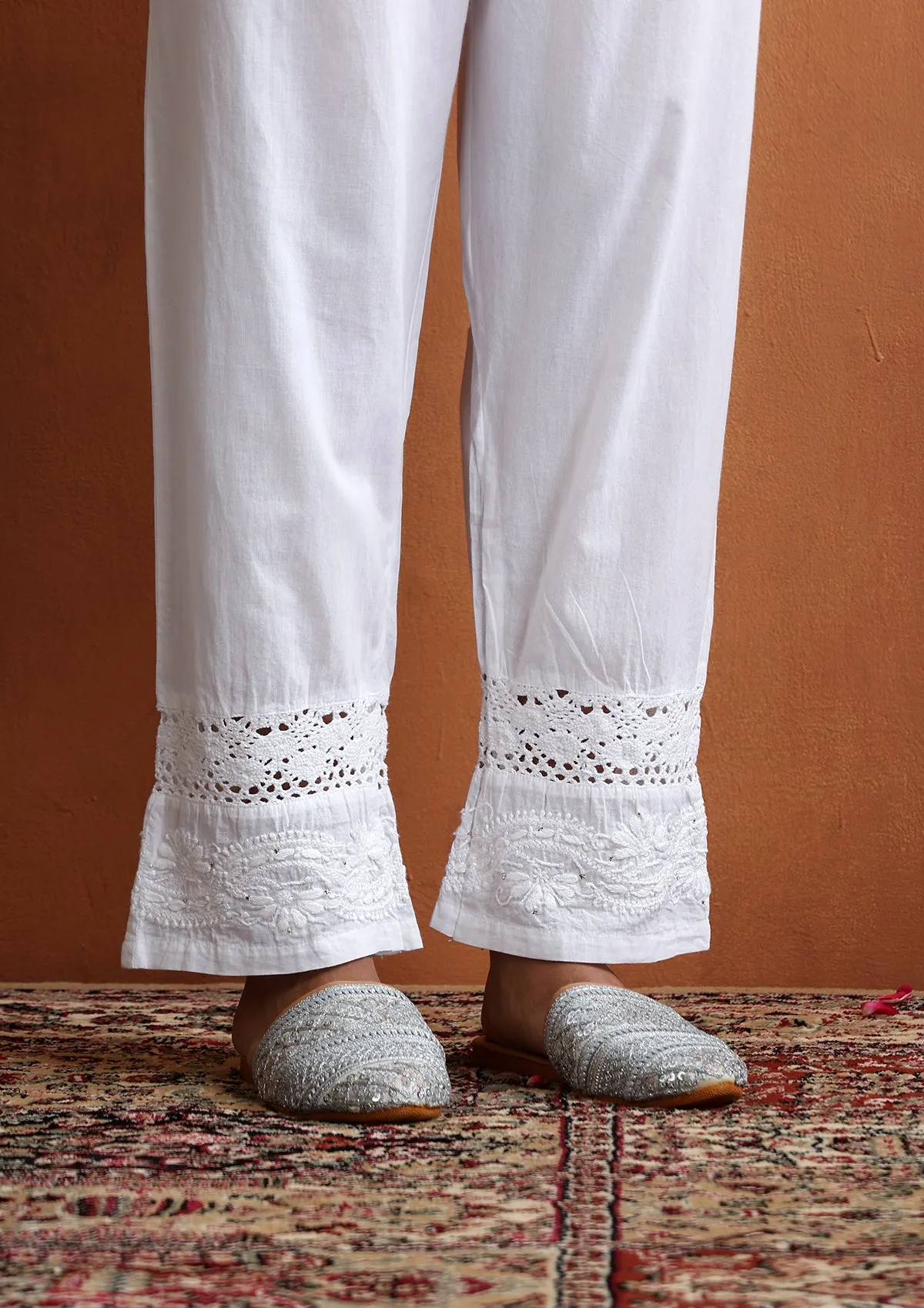 Cotton Chikankari Mukaish Solid Women's Pants With Lace - White