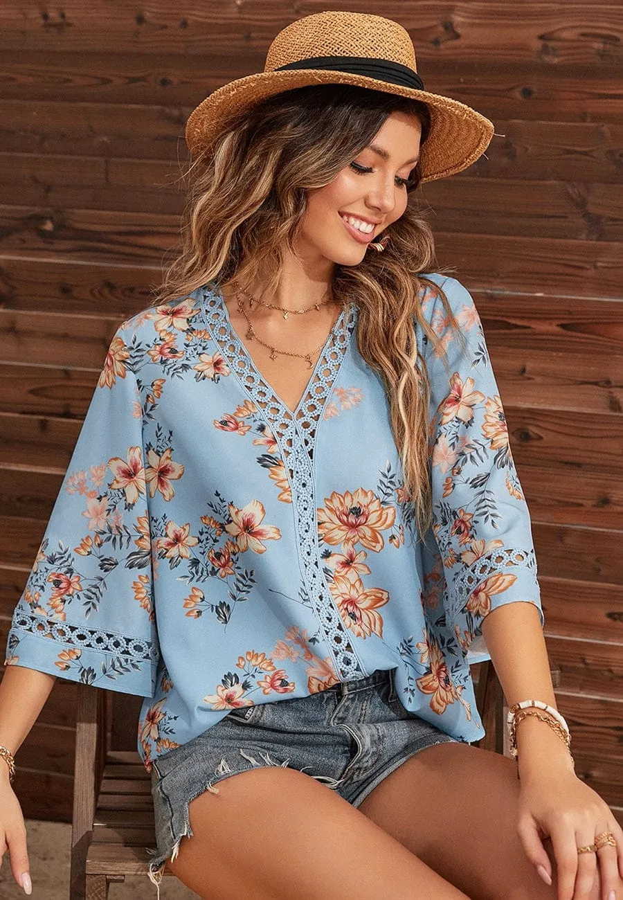 Crochet Detail Floral Print Blouse