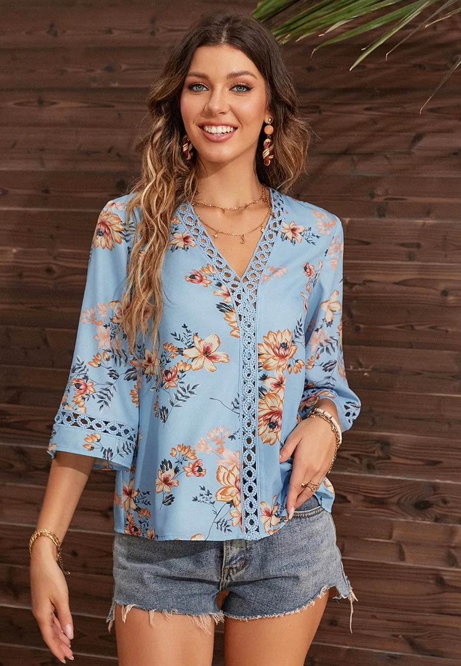Crochet Detail Floral Print Blouse