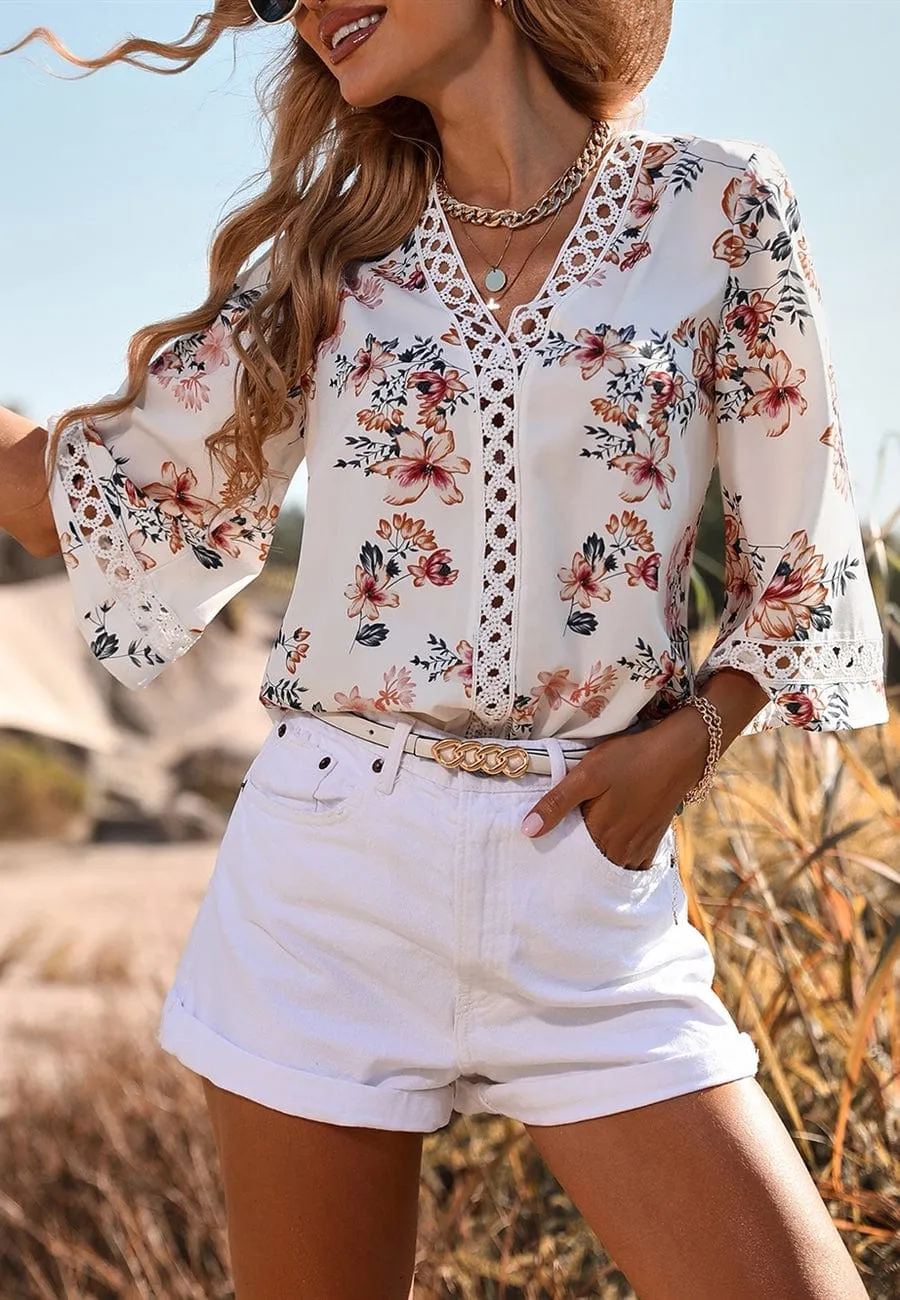 Crochet Detail Floral Print Blouse
