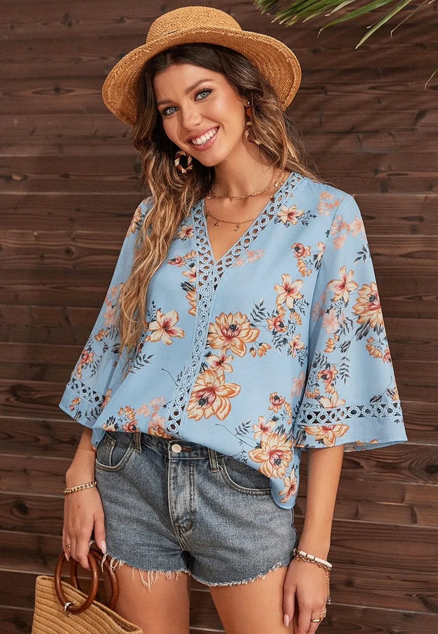Crochet Detail Floral Print Blouse
