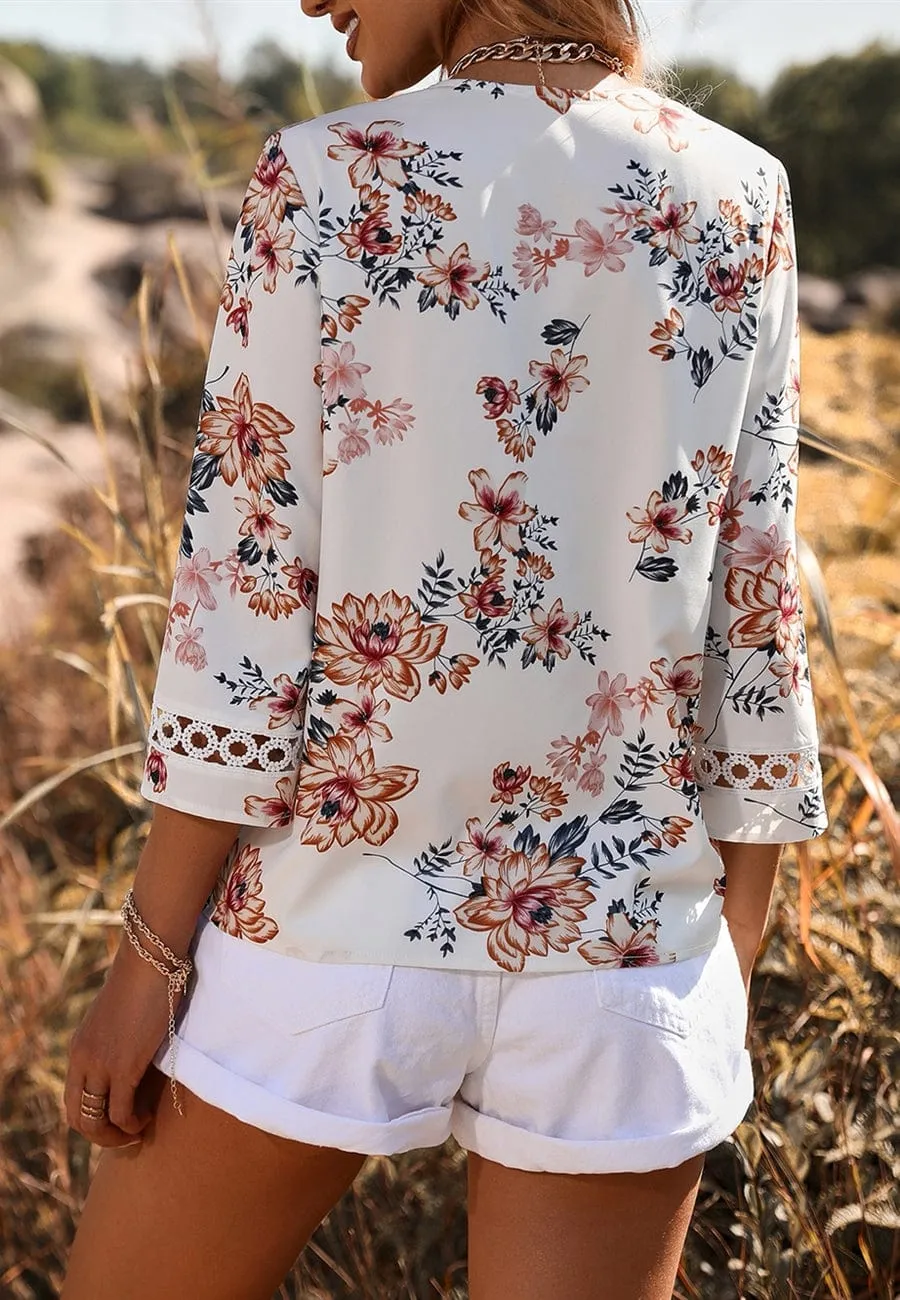 Crochet Detail Floral Print Blouse