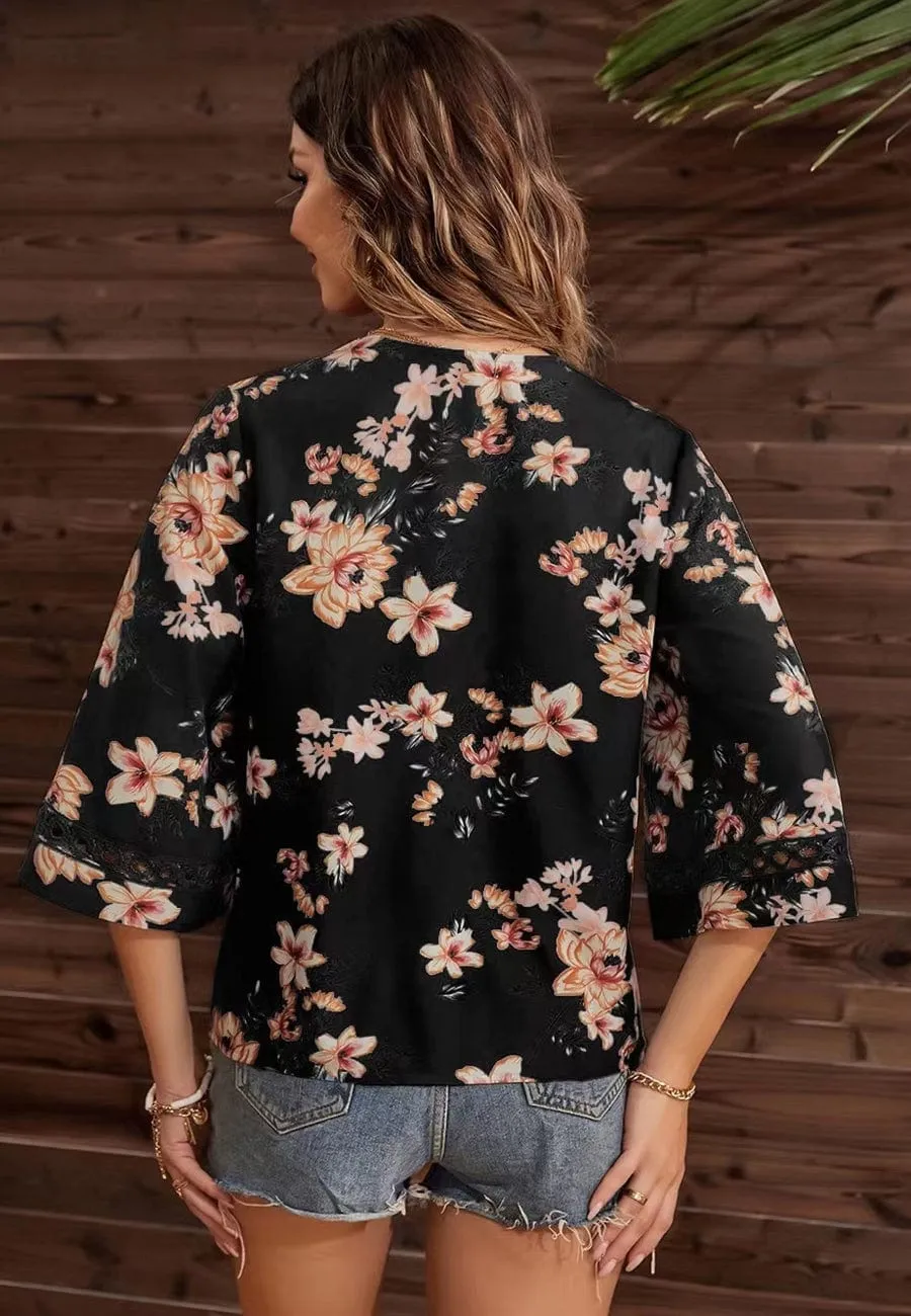 Crochet Detail Floral Print Blouse