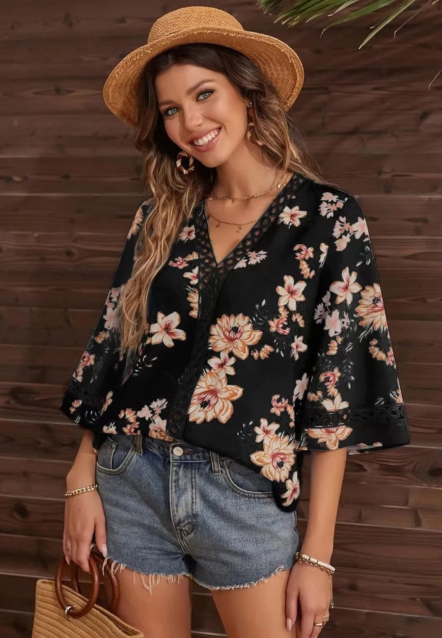 Crochet Detail Floral Print Blouse