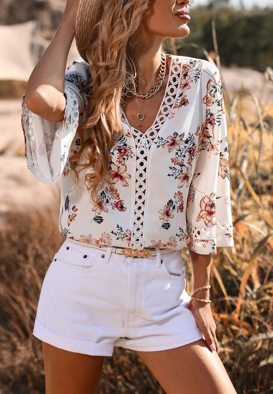 Crochet Detail Floral Print Blouse