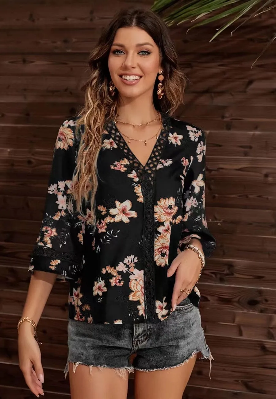 Crochet Detail Floral Print Blouse