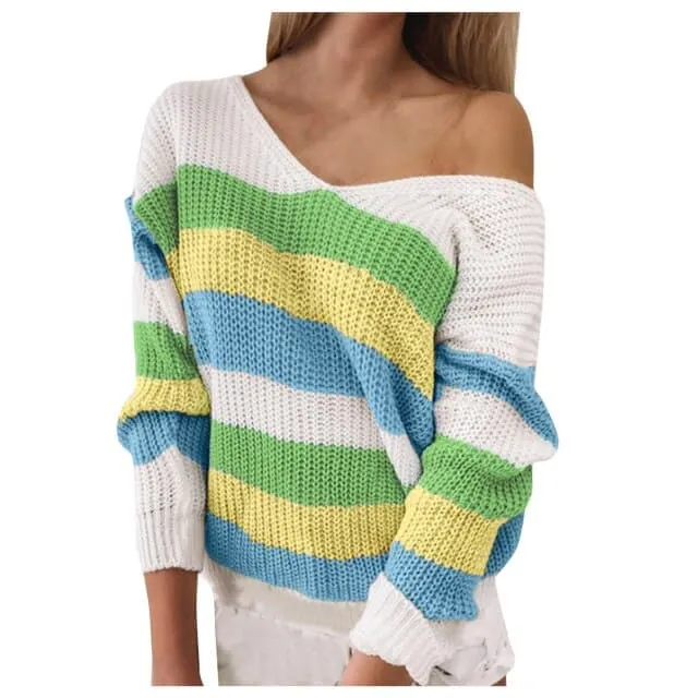 DressBetty - Womens Fashion Long-sleeved V-neck Loose Stitching Sweater