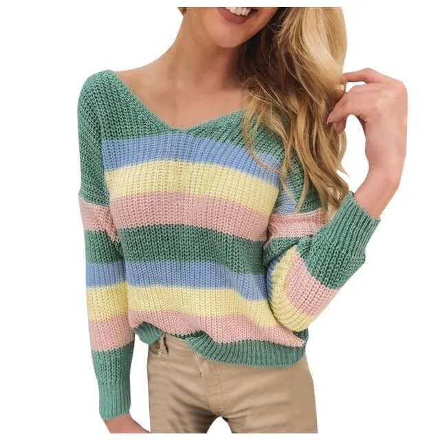 DressBetty - Womens Fashion Long-sleeved V-neck Loose Stitching Sweater