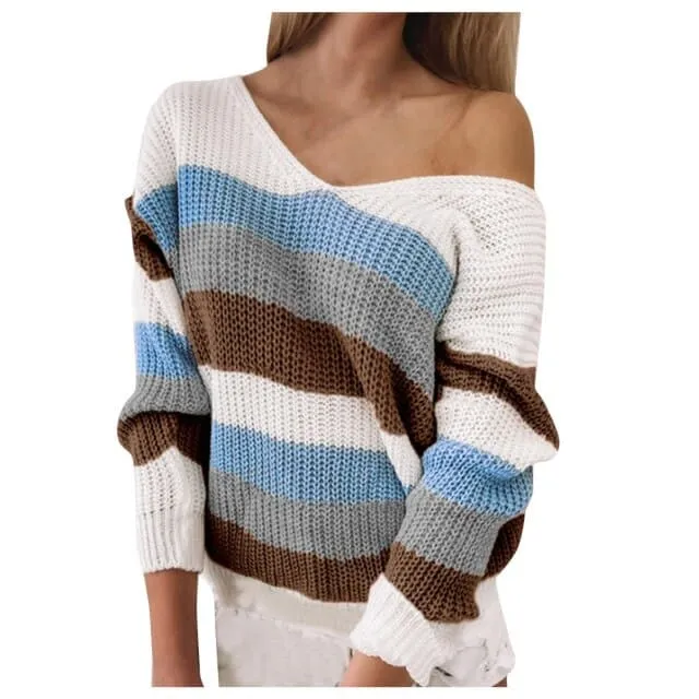 DressBetty - Womens Fashion Long-sleeved V-neck Loose Stitching Sweater