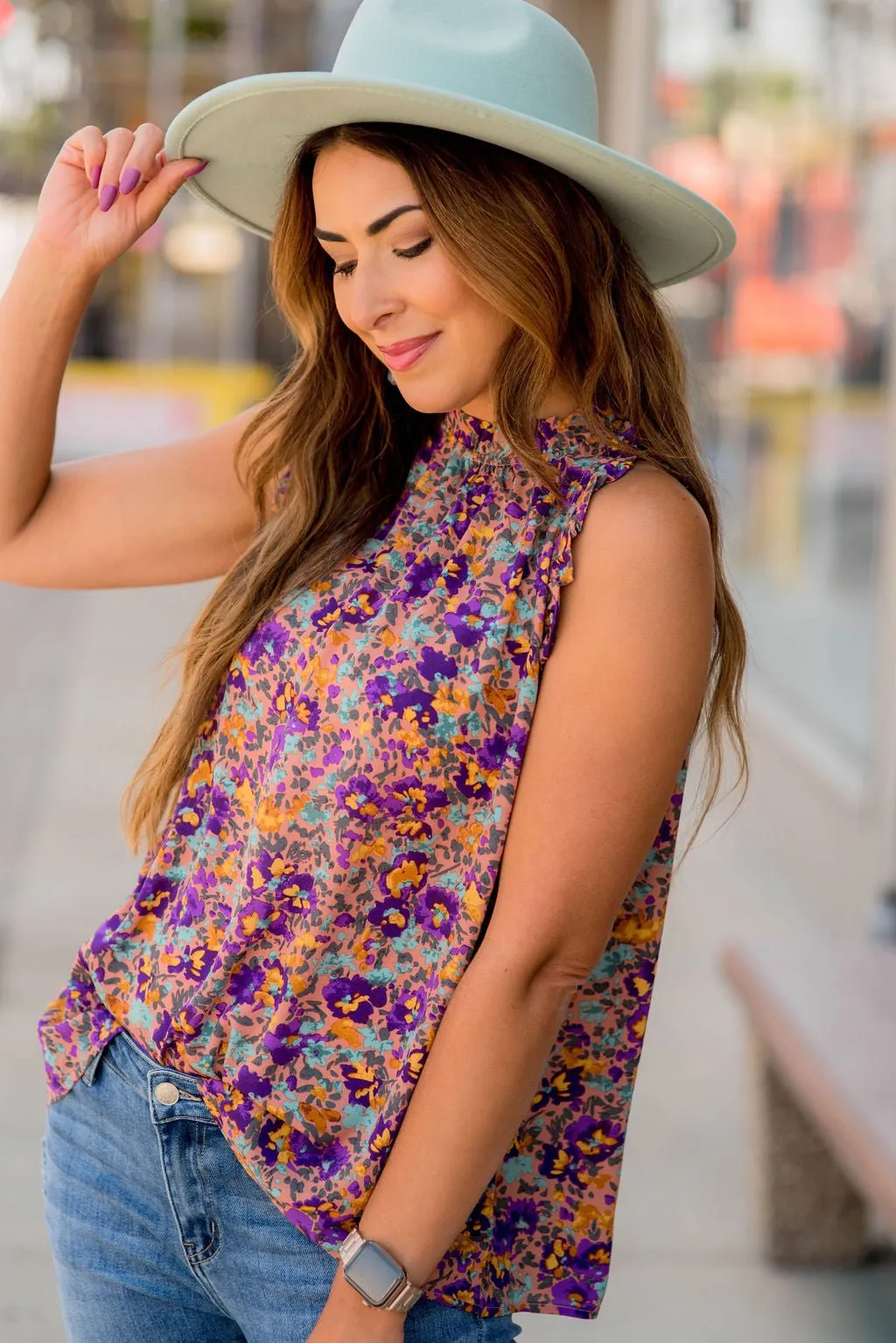 Floral Fun Ruffle Trim Tank