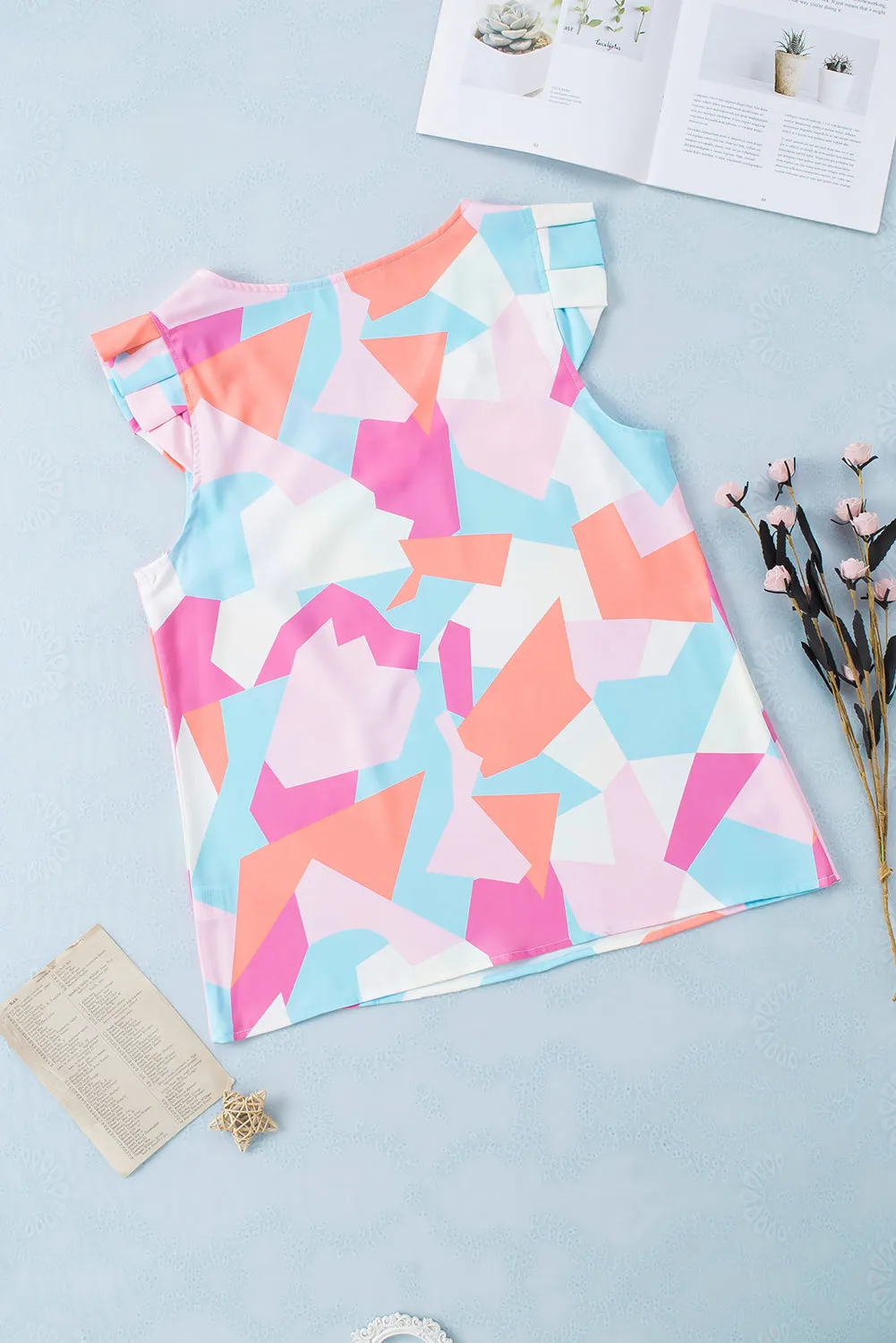 Geometric Pleated Cap Sleeve Top