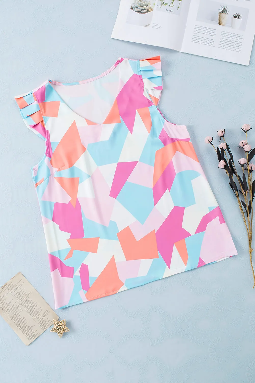 Geometric Pleated Cap Sleeve Top