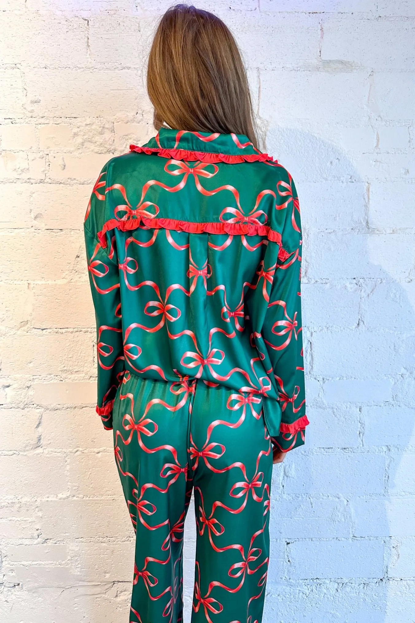 Holiday Bow Print Silky Pajama Bottoms