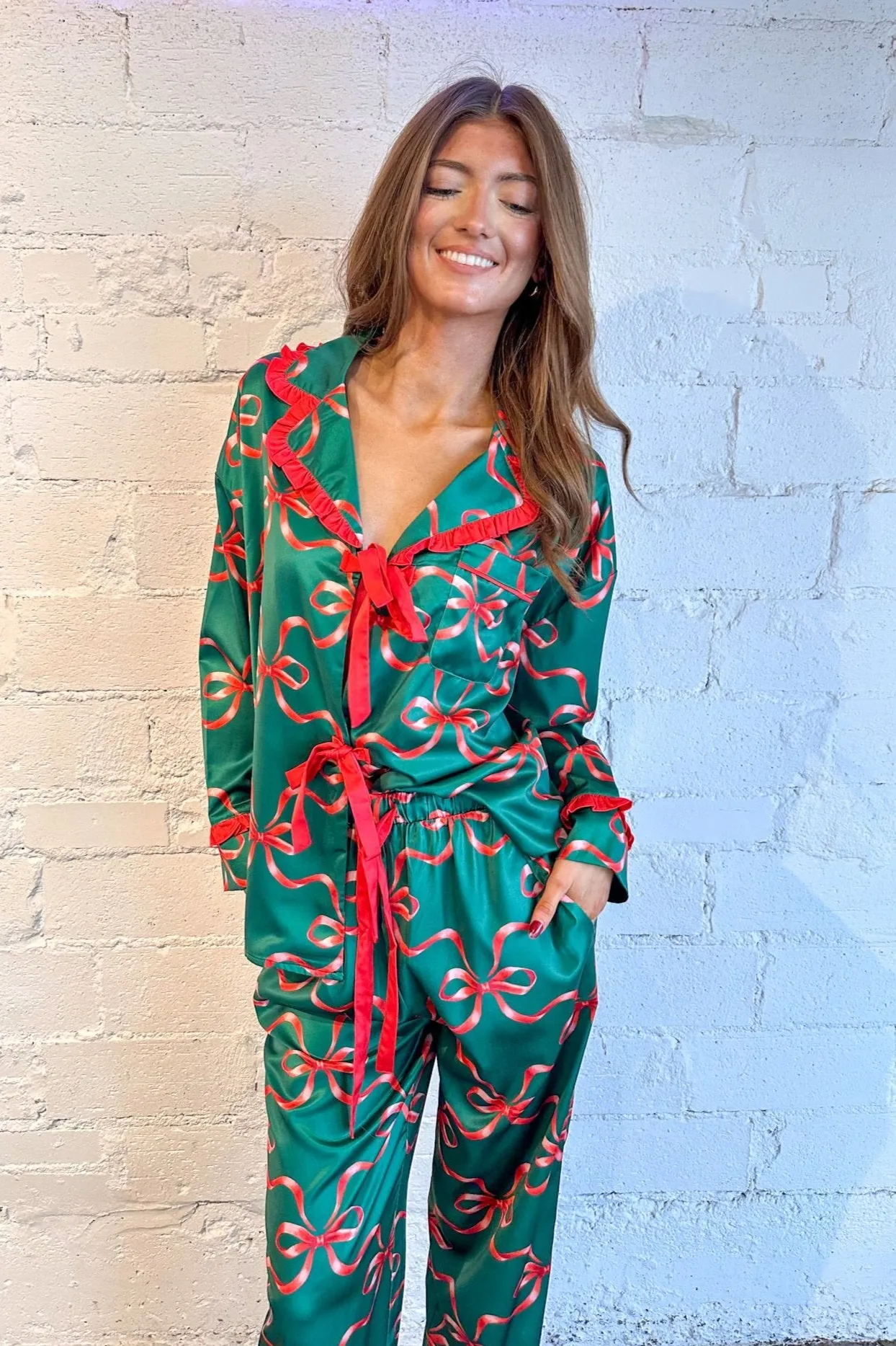 Holiday Bow Print Silky Pajama Bottoms