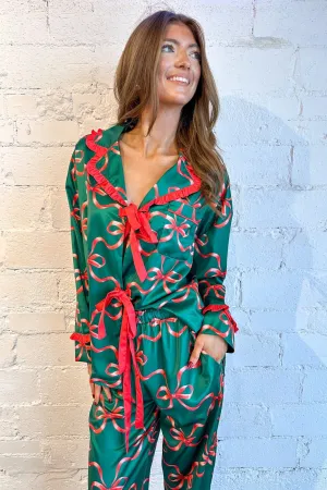Holiday Bow Print Silky Pajama Bottoms