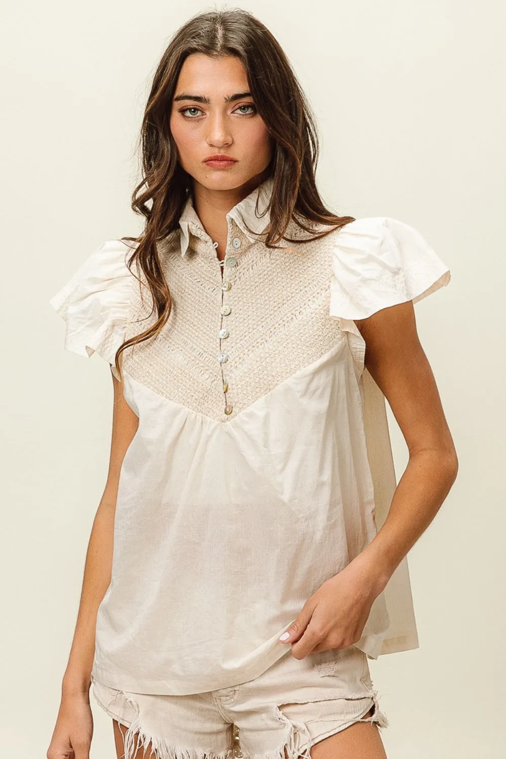 Hot Girl Buttoned Collared Neck Linen In Ivory Short Sleeve Blouse