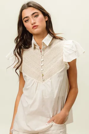 Hot Girl Buttoned Collared Neck Linen In Ivory Short Sleeve Blouse