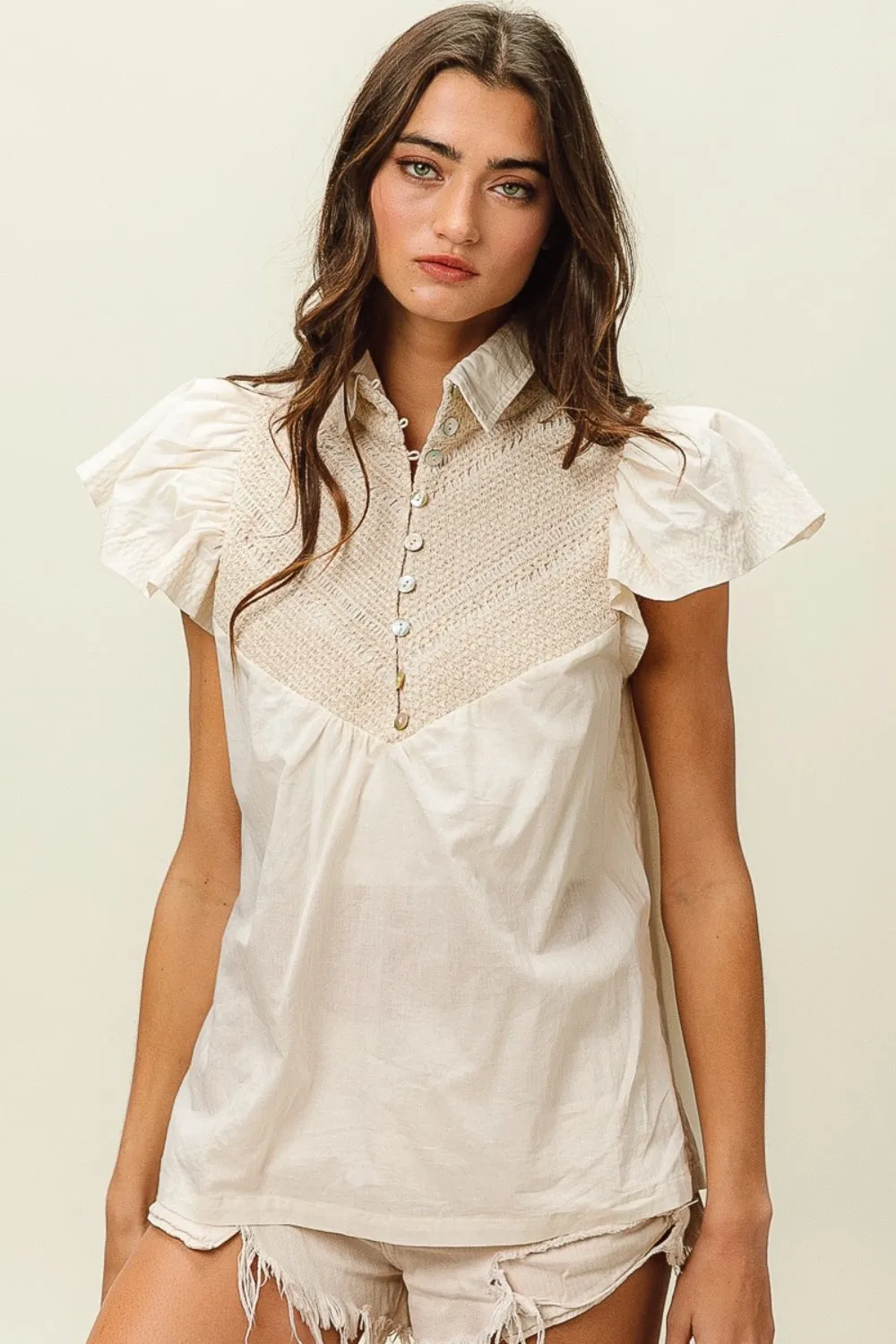 Hot Girl Buttoned Collared Neck Linen In Ivory Short Sleeve Blouse