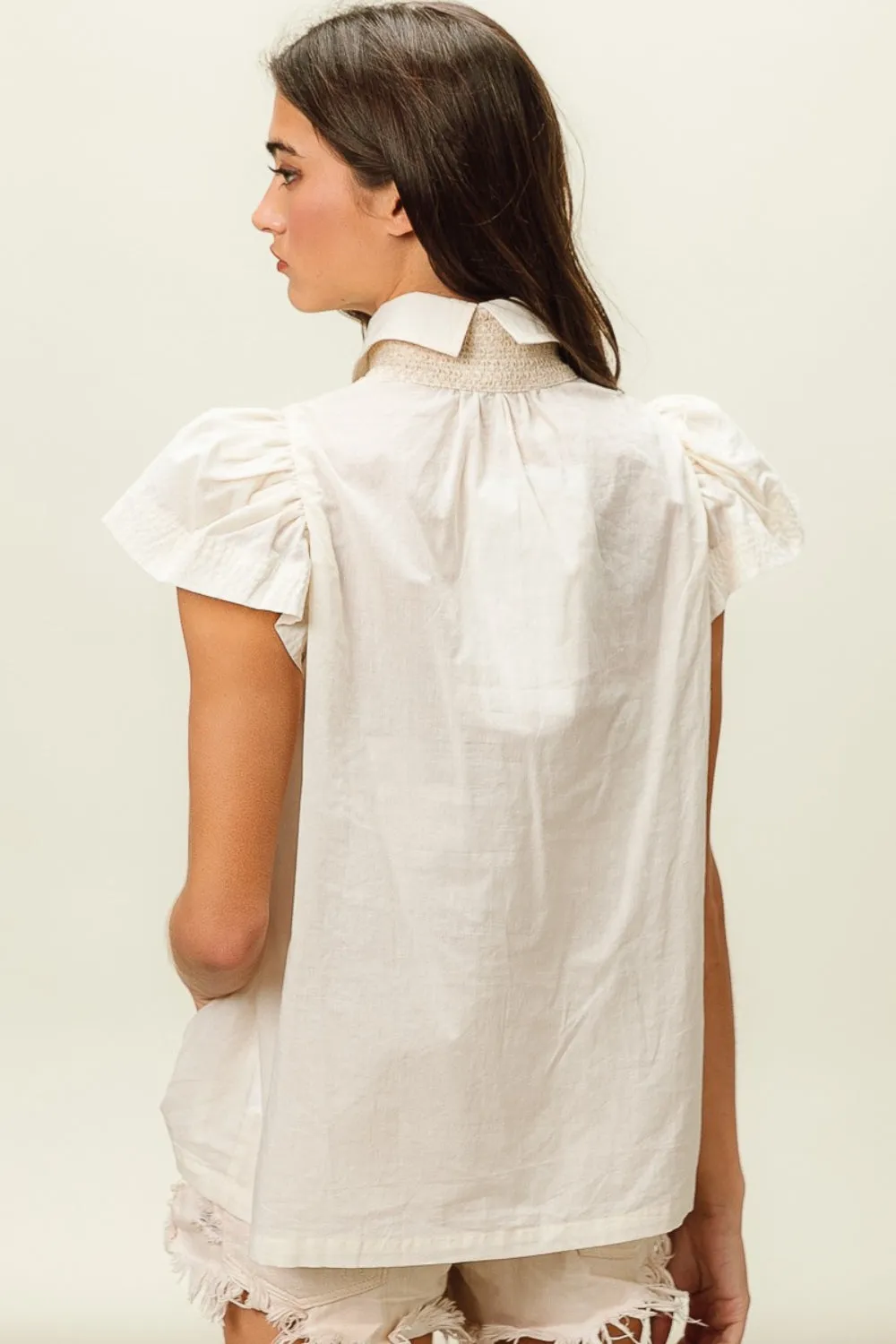 Hot Girl Buttoned Collared Neck Linen In Ivory Short Sleeve Blouse