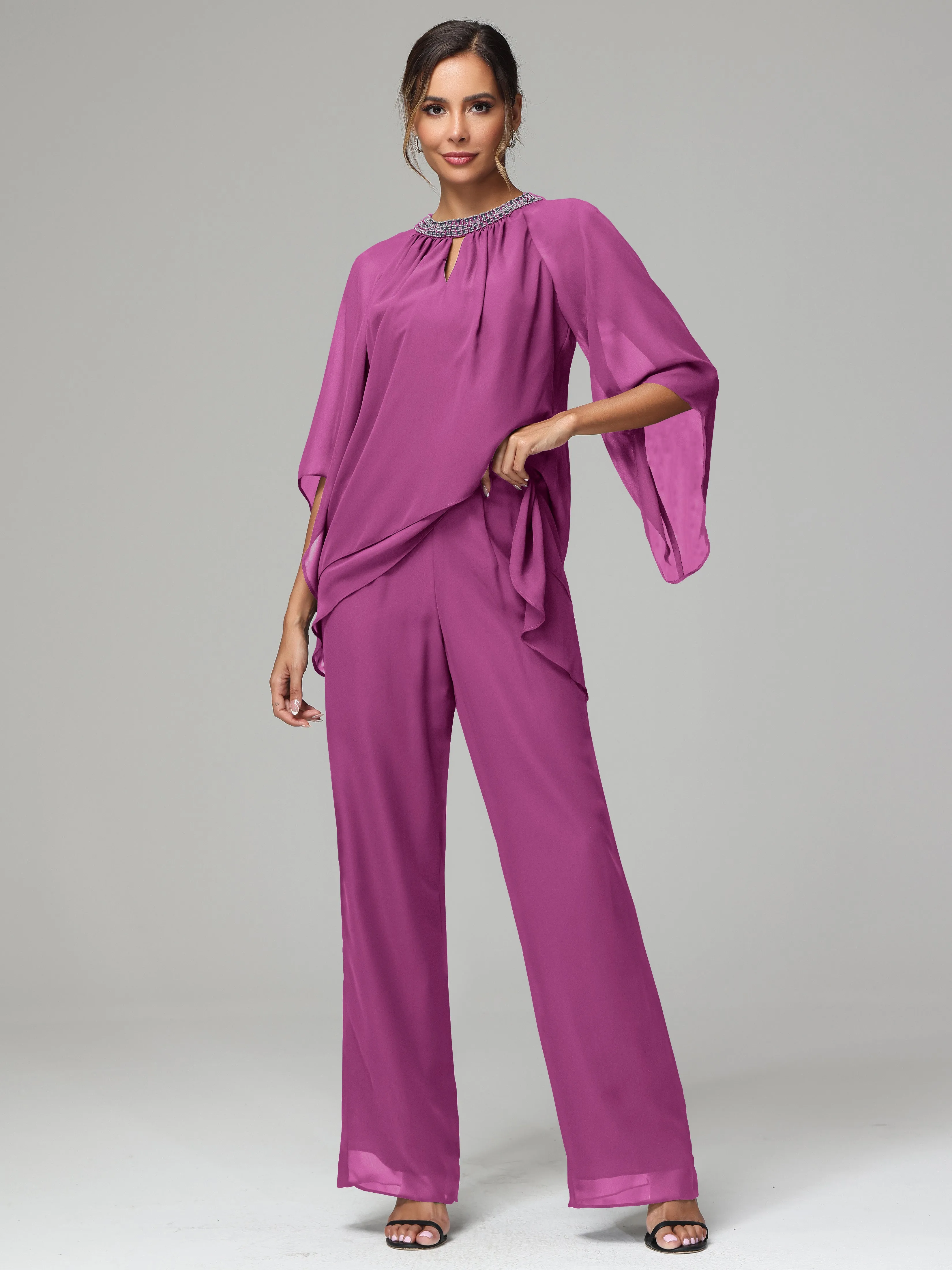 Long Sleeves Chiffon Mother Of The Bride Dress Pants Suits