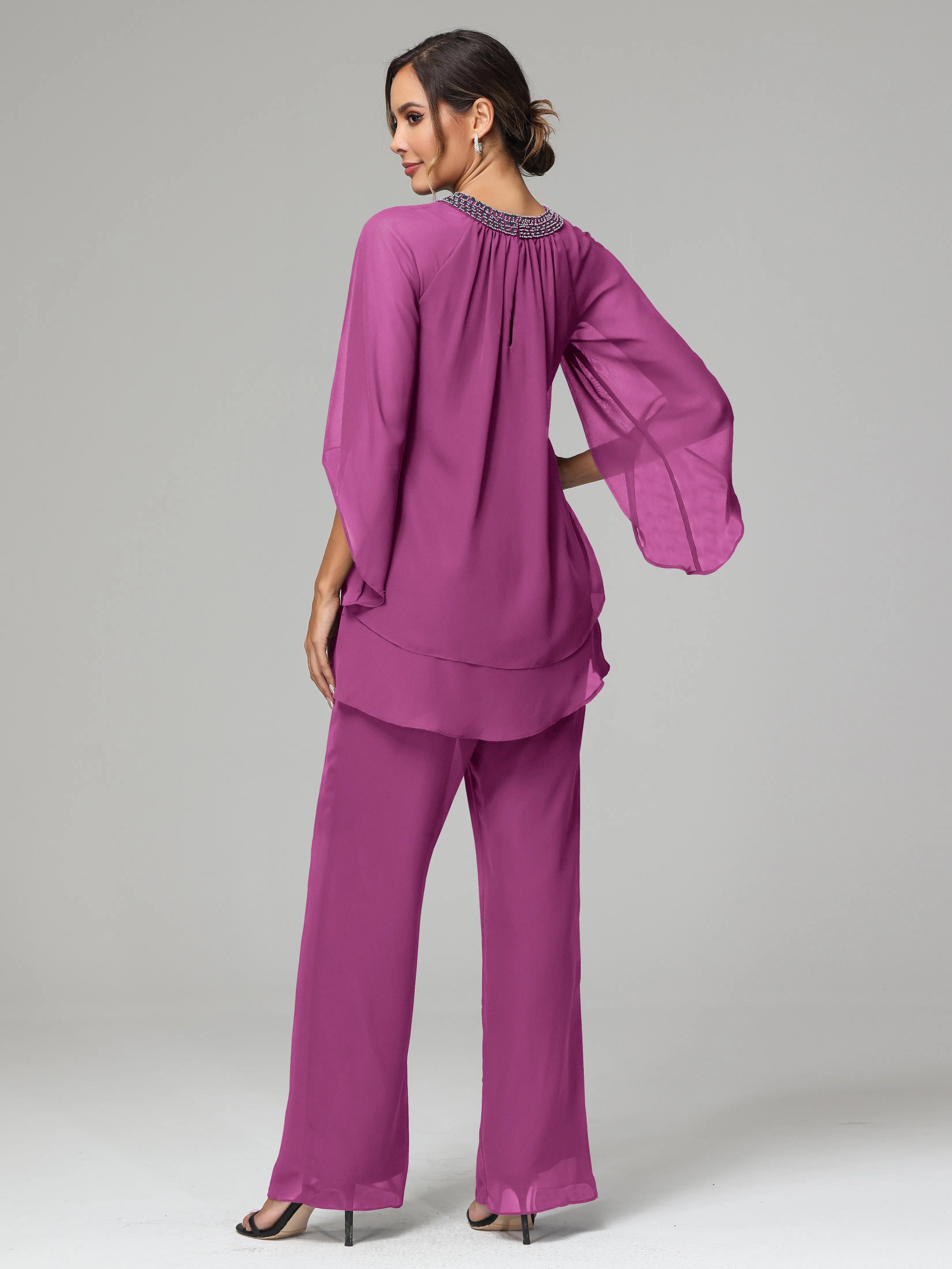 Long Sleeves Chiffon Mother Of The Bride Dress Pants Suits