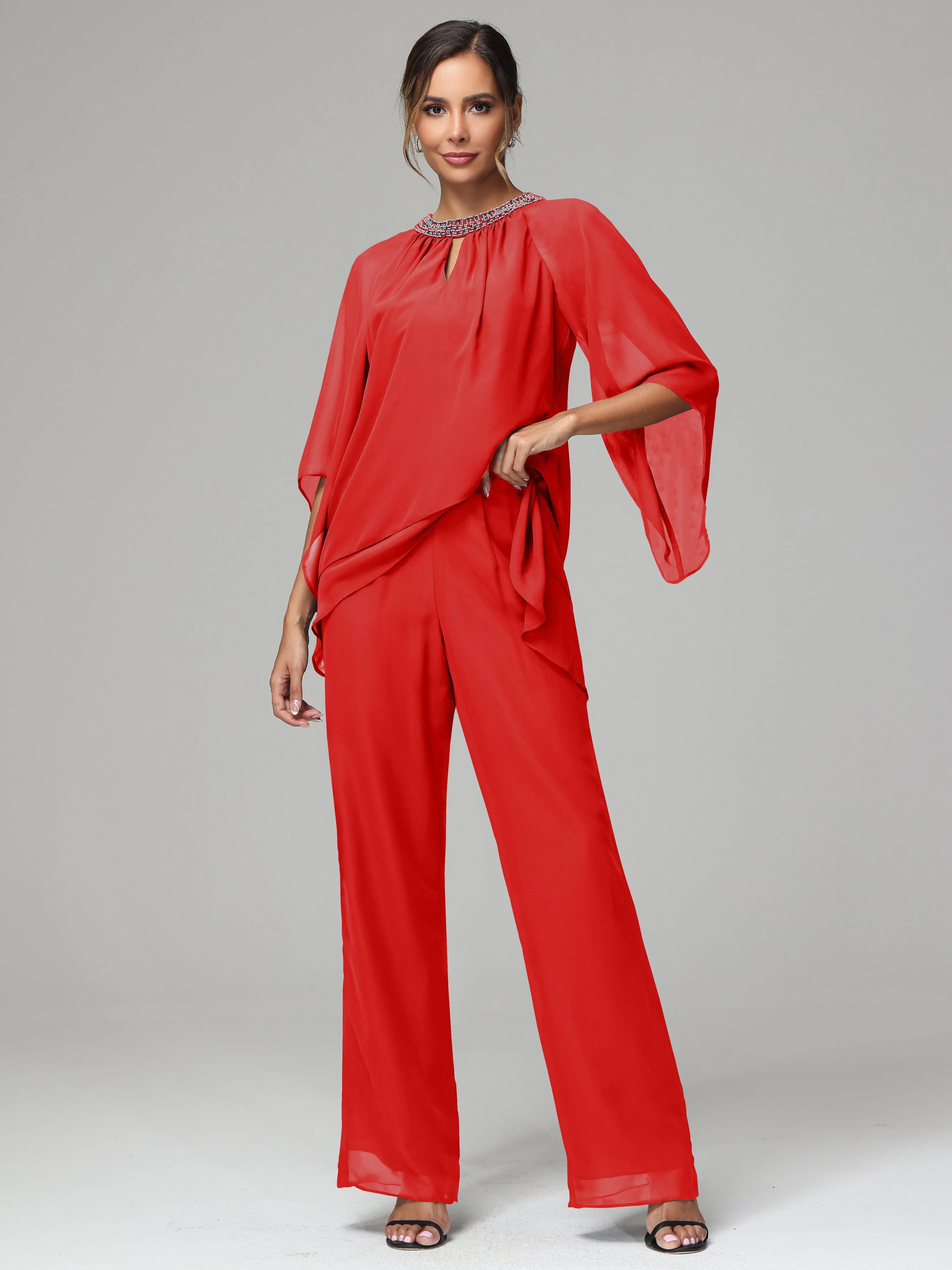 Long Sleeves Chiffon Mother Of The Bride Dress Pants Suits