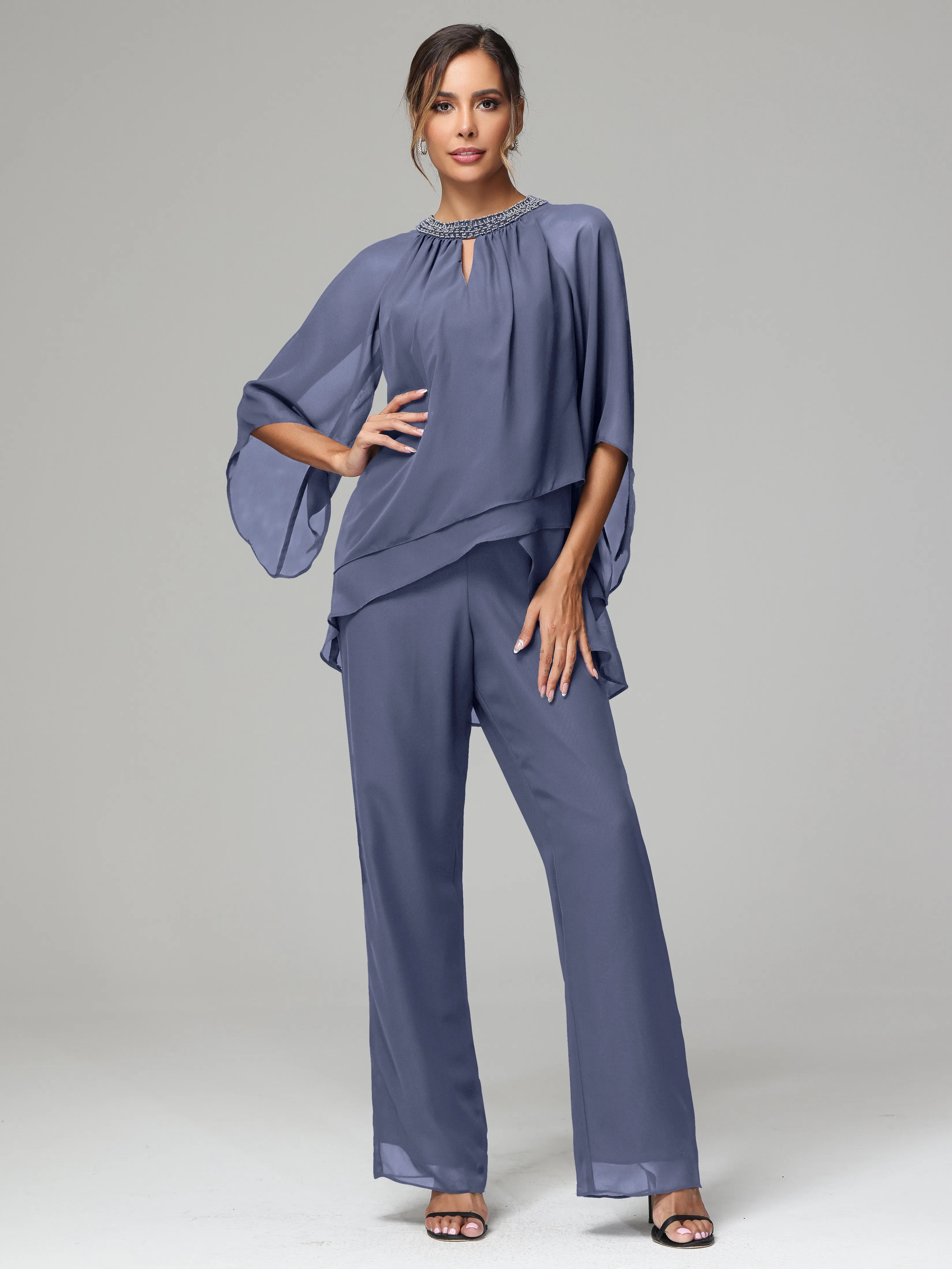 Long Sleeves Chiffon Mother Of The Bride Dress Pants Suits