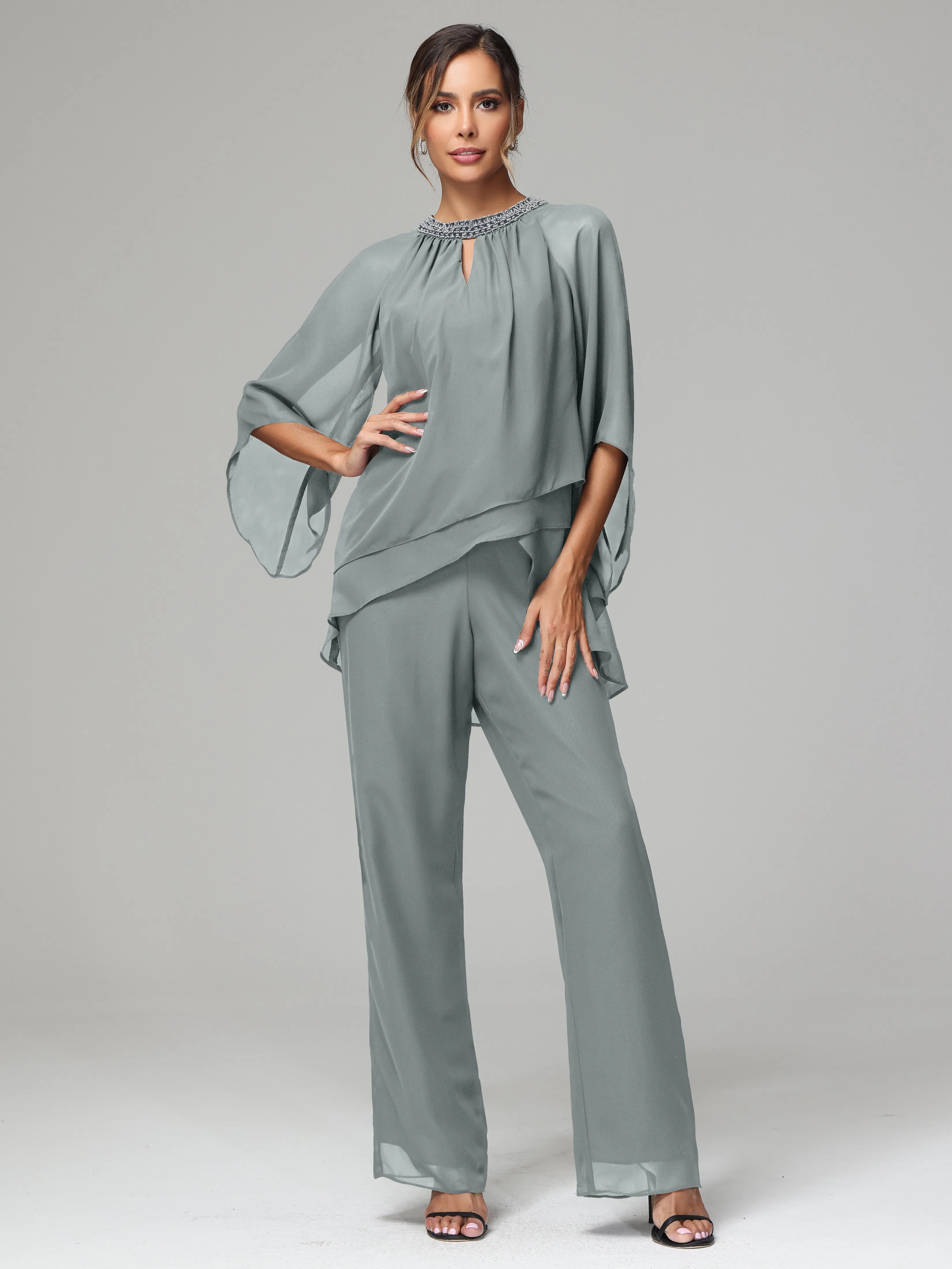 Long Sleeves Chiffon Mother Of The Bride Dress Pants Suits