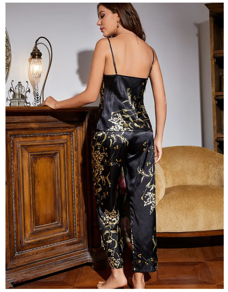 Luxury Silk Pajama Set For Women Sexy flower print Cowl Neck silk sleepwear