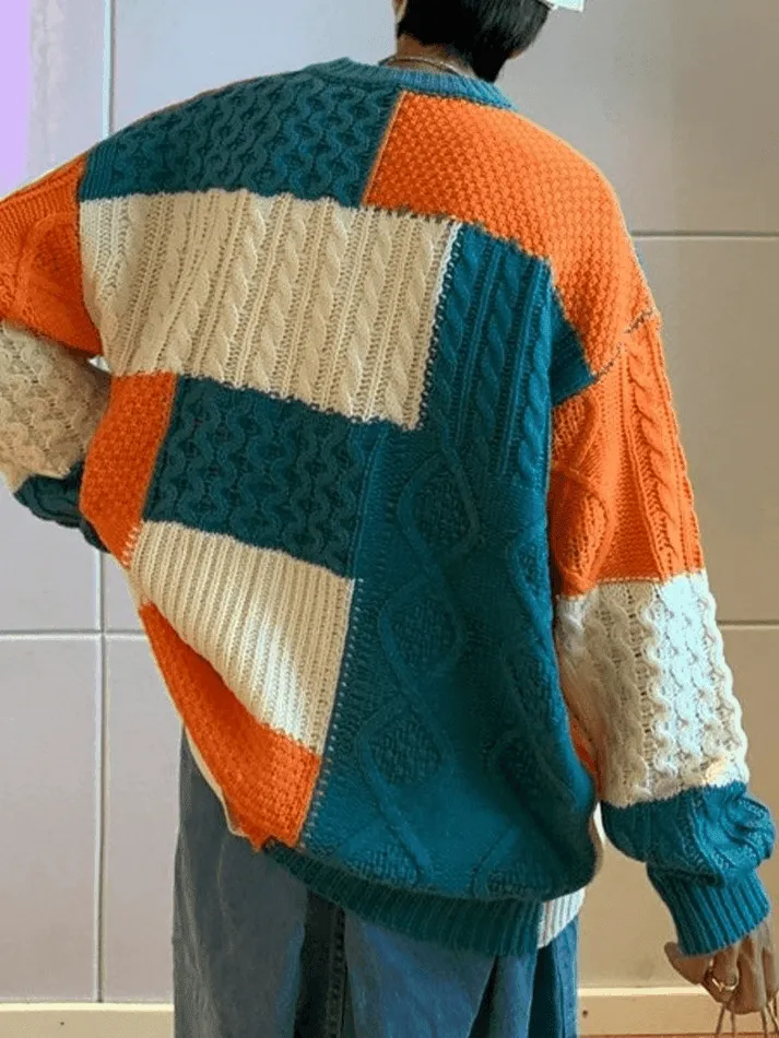 Men's Color Block Cable Knit Sweater