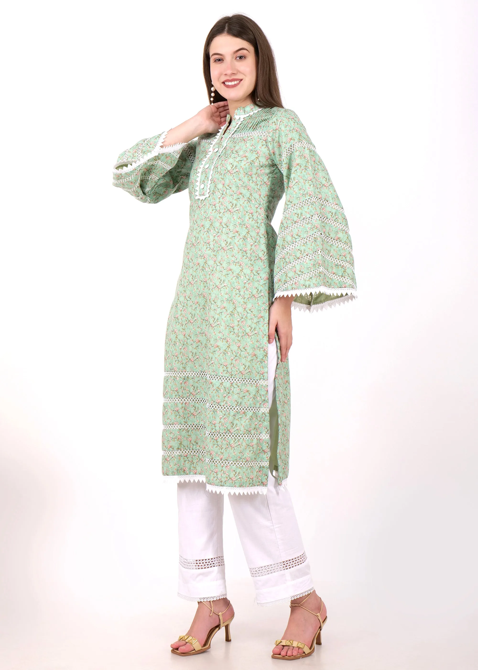 Mint Blossom Cotton Kurta with Lace Detailing
