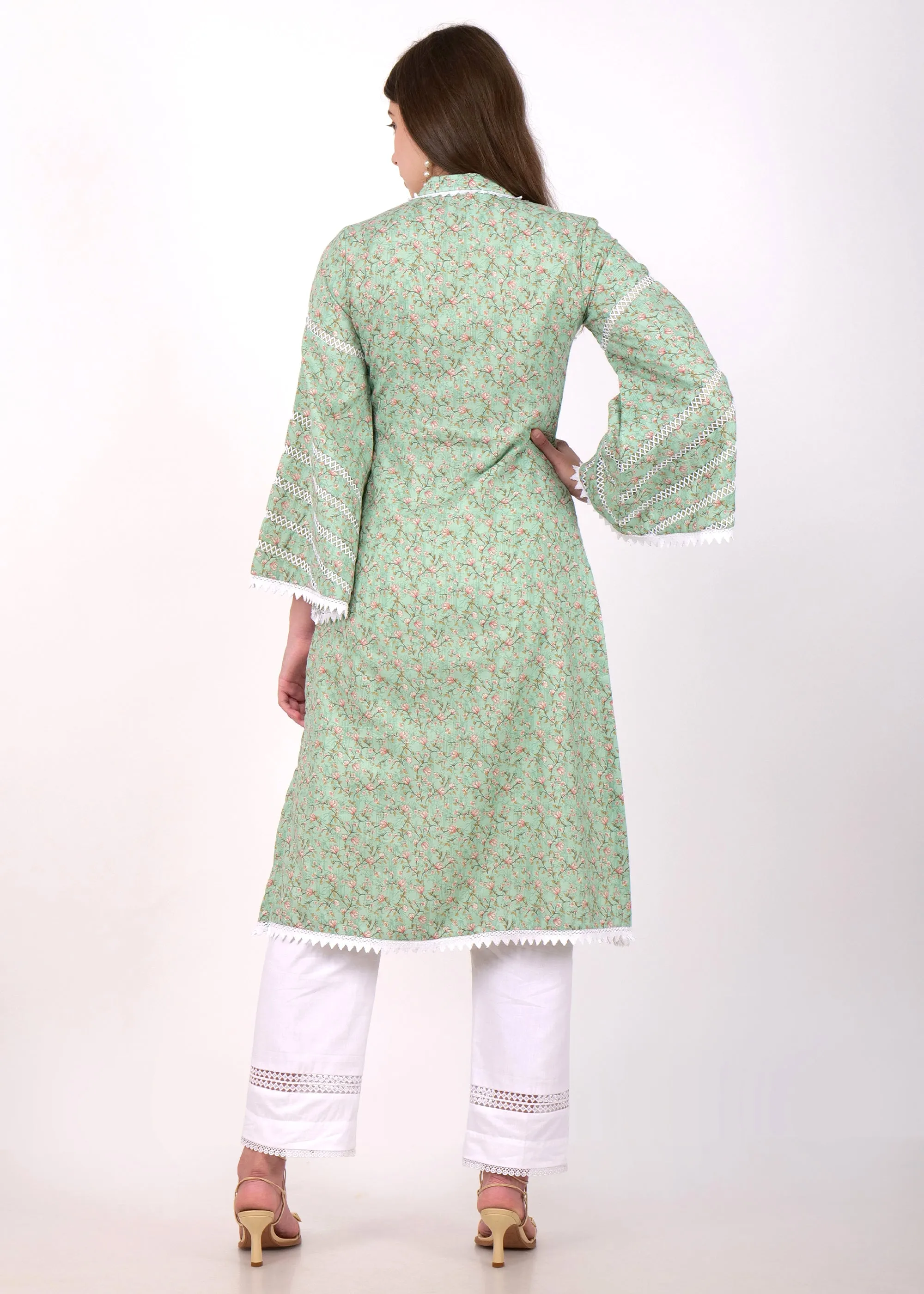 Mint Blossom Cotton Kurta with Lace Detailing