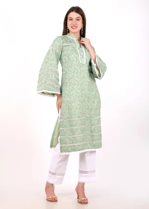 Mint Blossom Cotton Kurta with Lace Detailing
