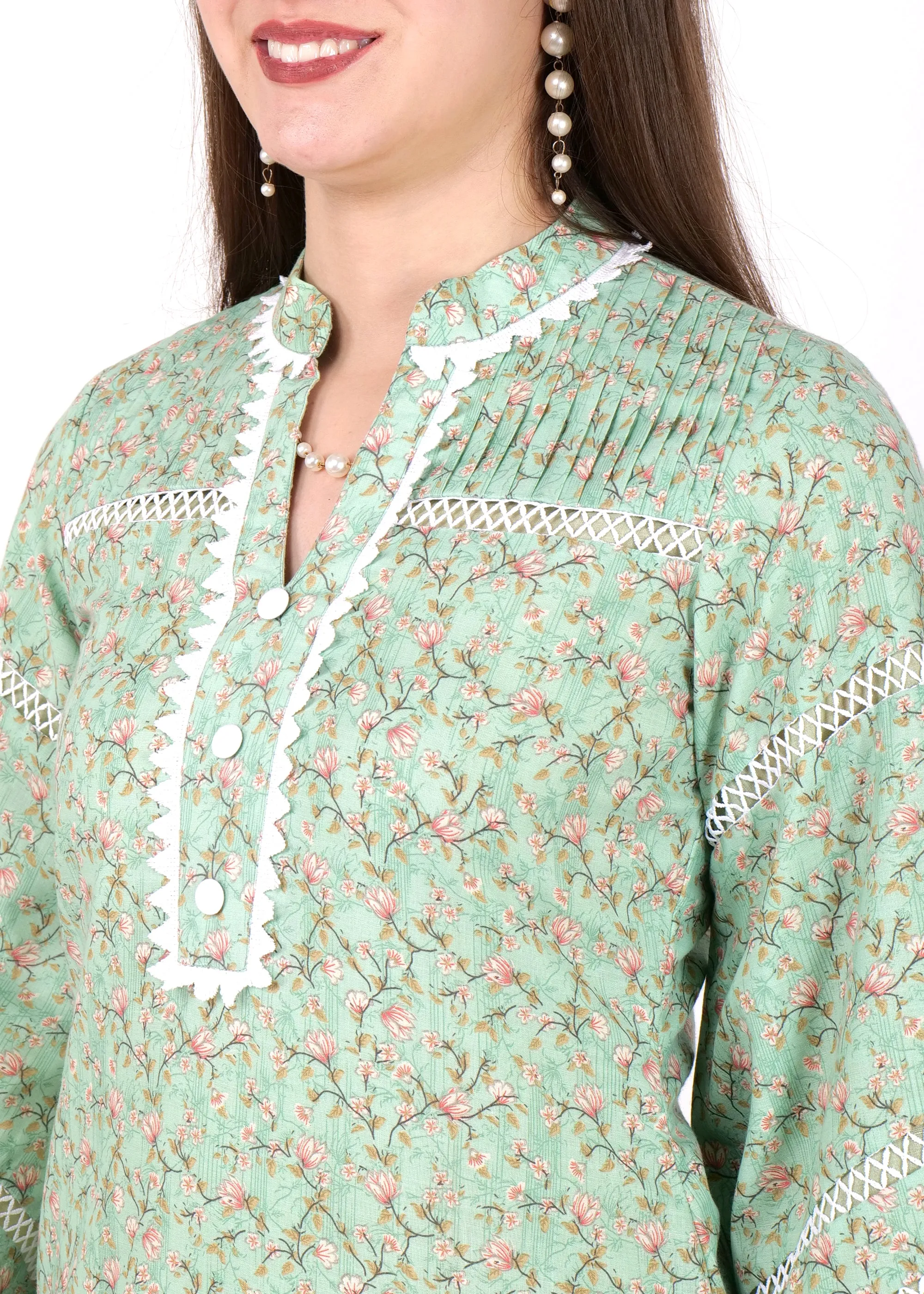 Mint Blossom Cotton Kurta with Lace Detailing