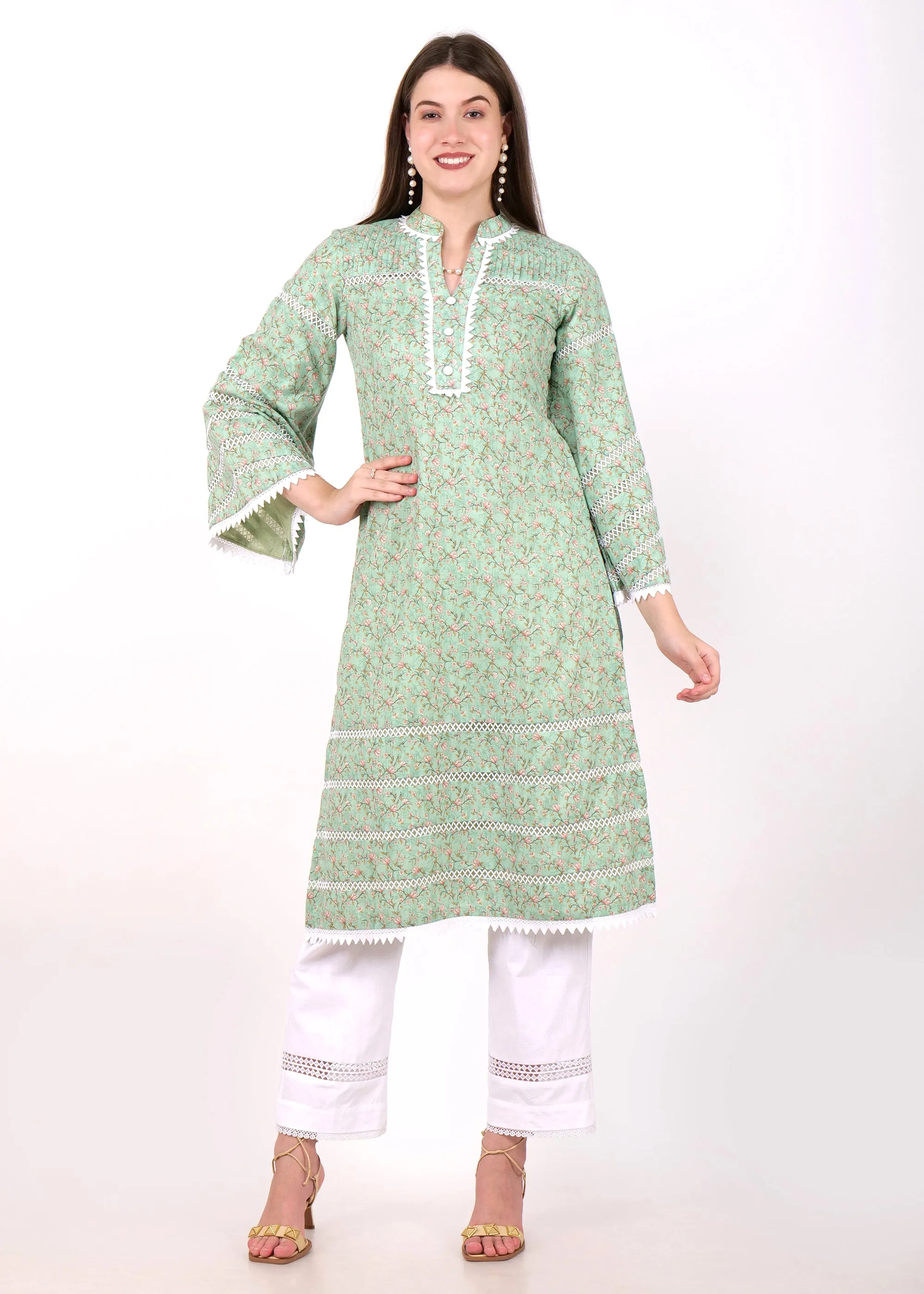 Mint Blossom Cotton Kurta with Lace Detailing