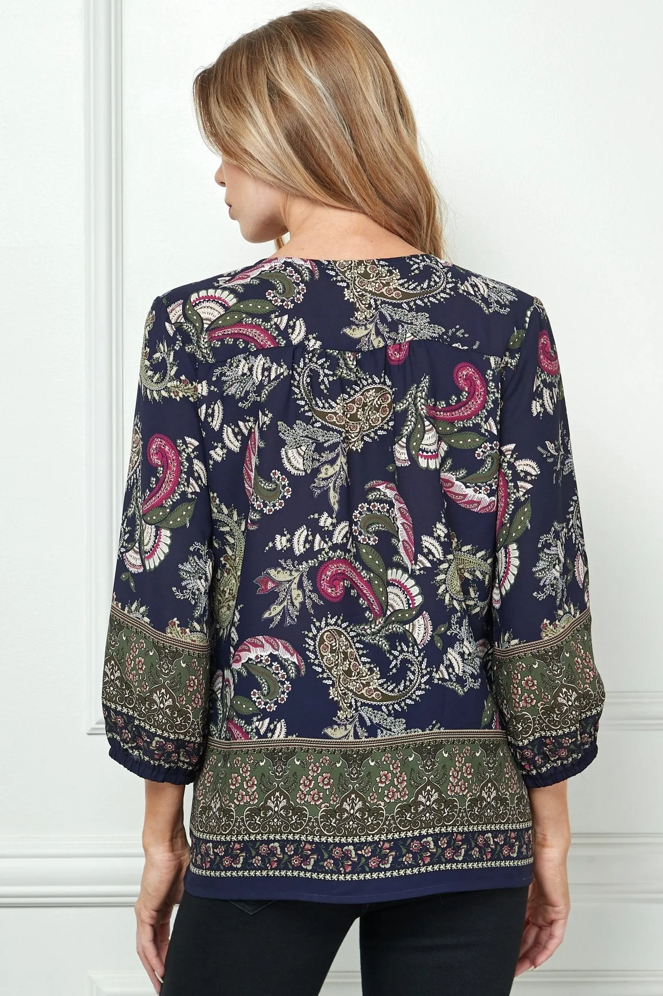 Navy Paisley 3/4 Sleeve Blouse