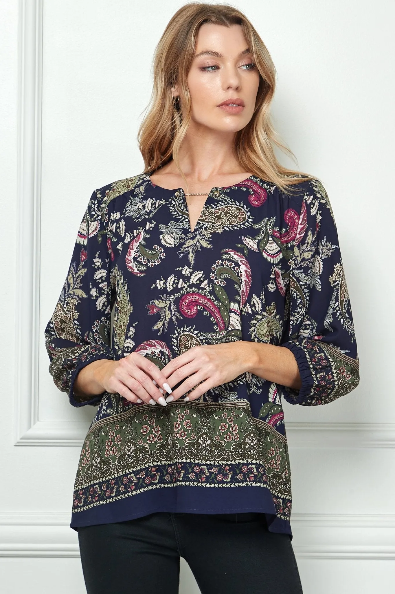 Navy Paisley 3/4 Sleeve Blouse