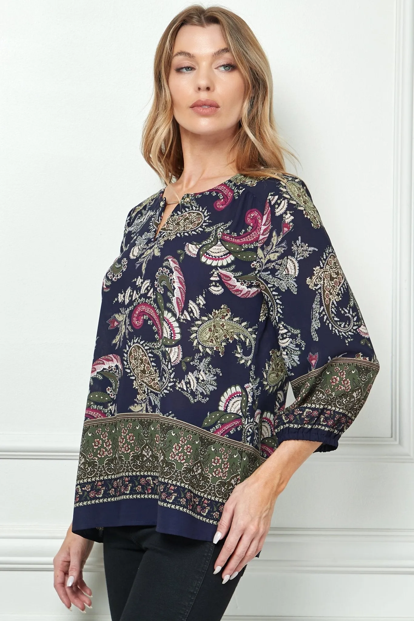 Navy Paisley 3/4 Sleeve Blouse